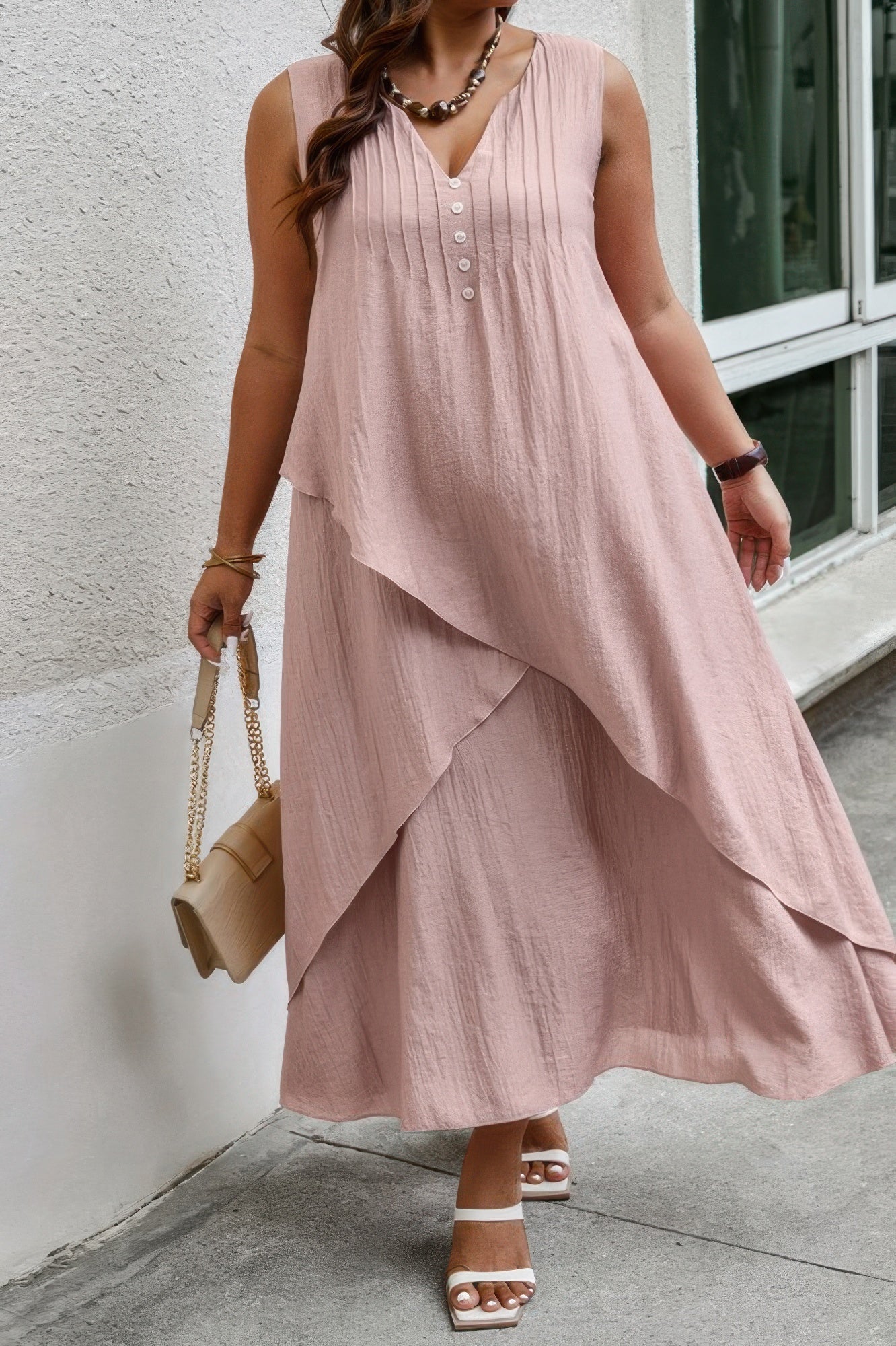 Solid Plus Notched Neck Wrap Sleeveless Loose Dress  Shop One Place