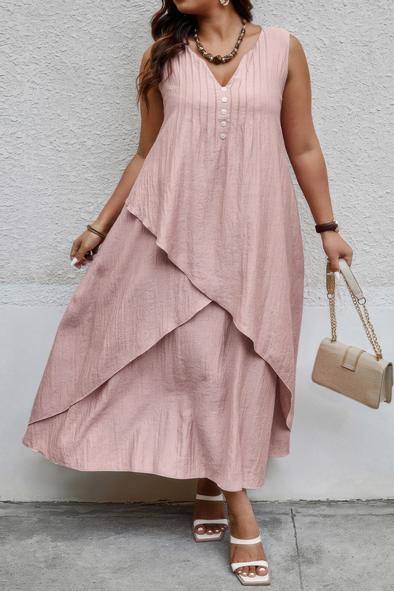 Solid Plus Notched Neck Wrap Sleeveless Loose Dress  Shop One Place