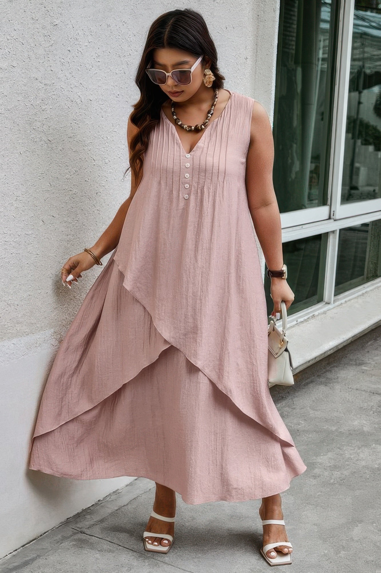 Solid Plus Notched Neck Wrap Sleeveless Loose Dress  Shop One Place