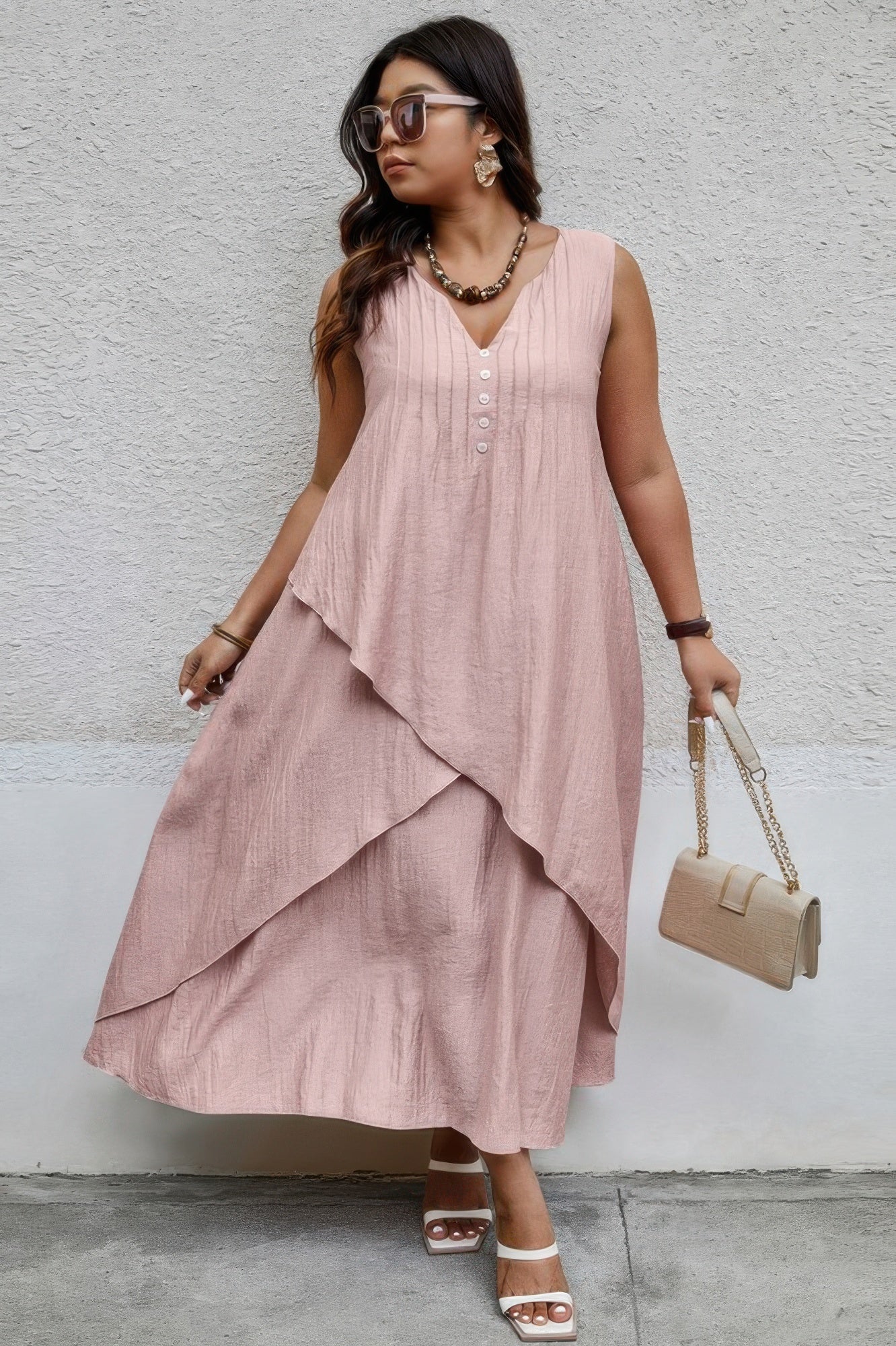 Solid Plus Notched Neck Wrap Sleeveless Loose Dress  Shop One Place