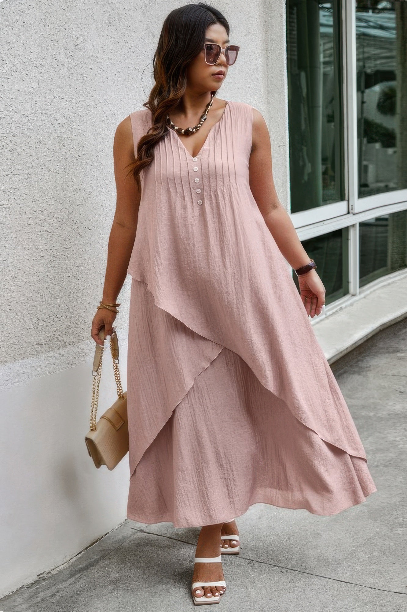 Solid Plus Notched Neck Wrap Sleeveless Loose Dress  Shop One Place