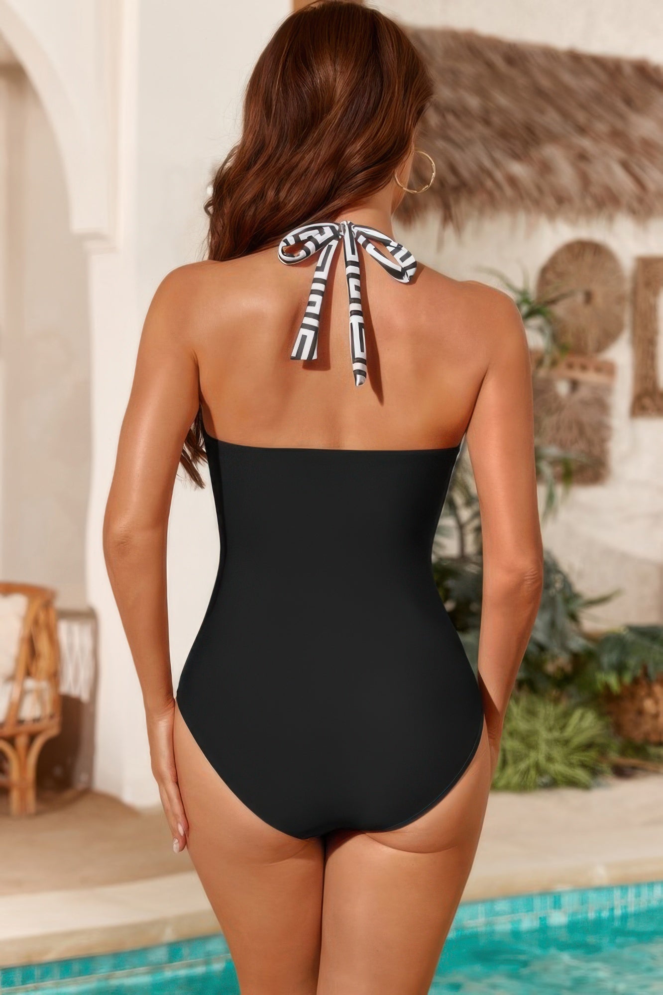 Printed Halter Deep V Neck Bodycon Swimsuit  Shop One Place