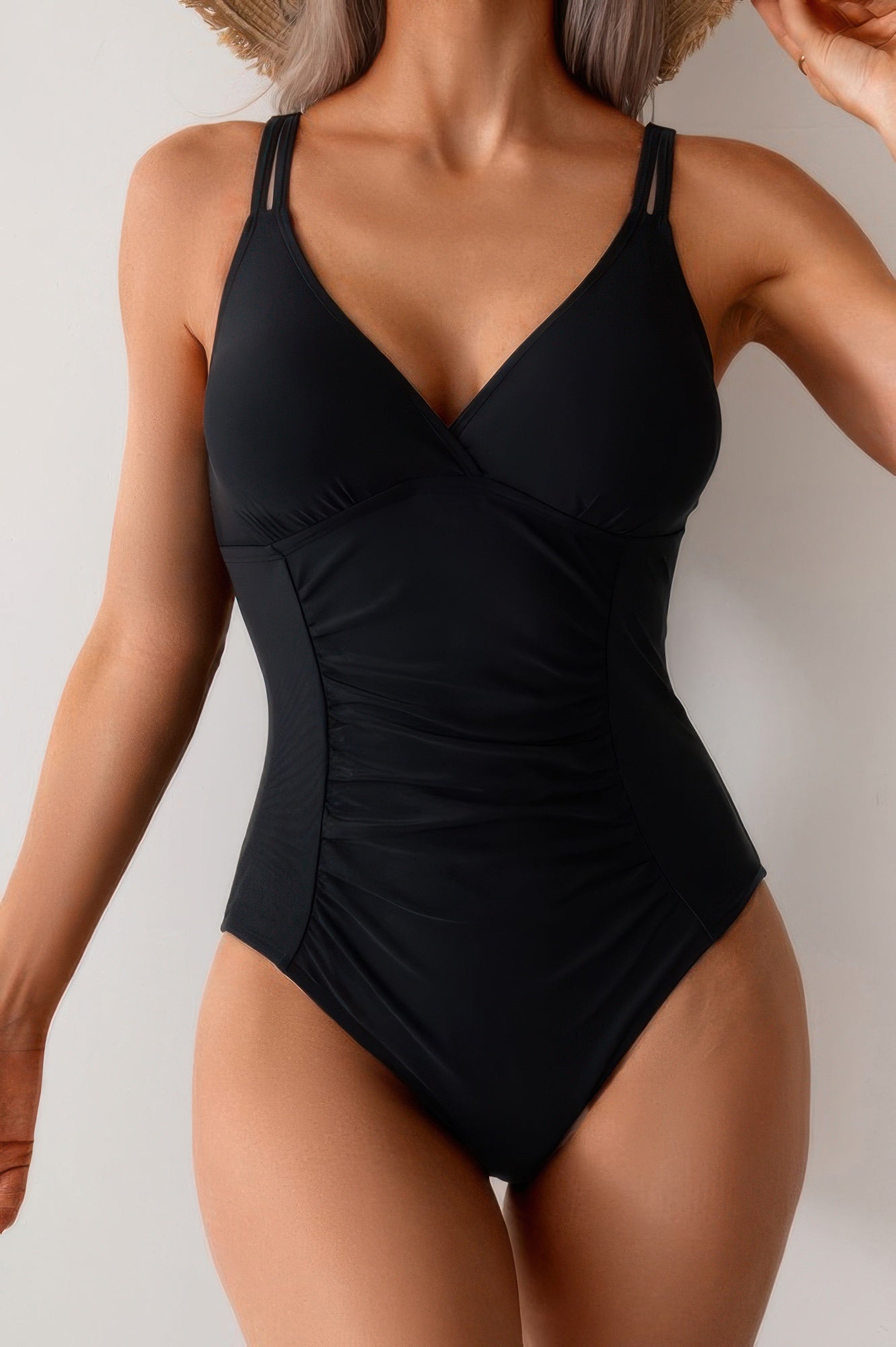Solid One Piece Ruched Strappy V Neck Bikini  Shop One Place