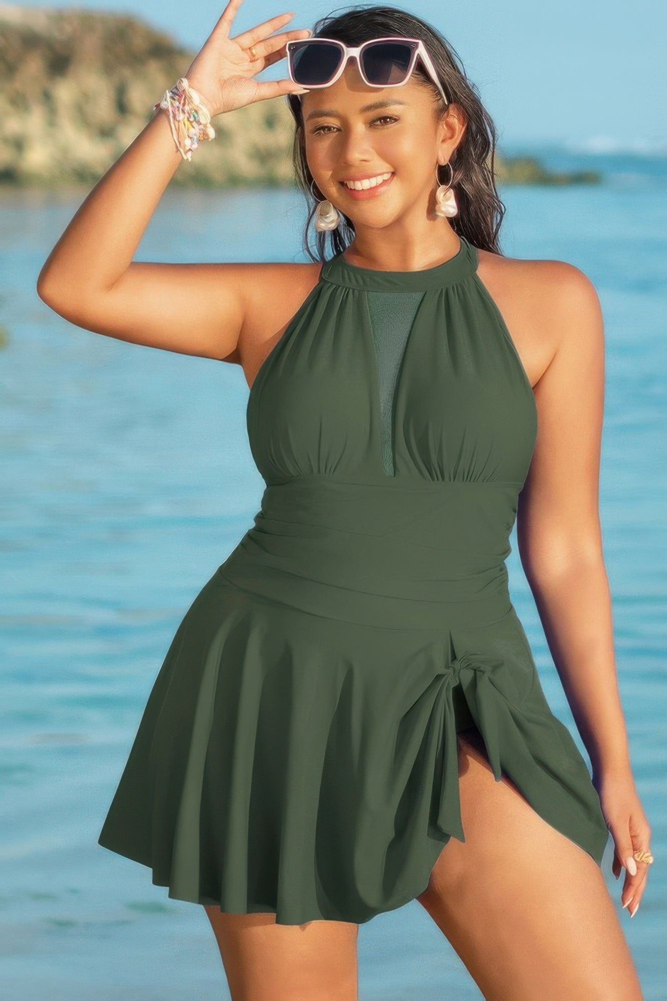 Plus Size Halter Ruched Sleeveless Swim Dress  Shop One Place