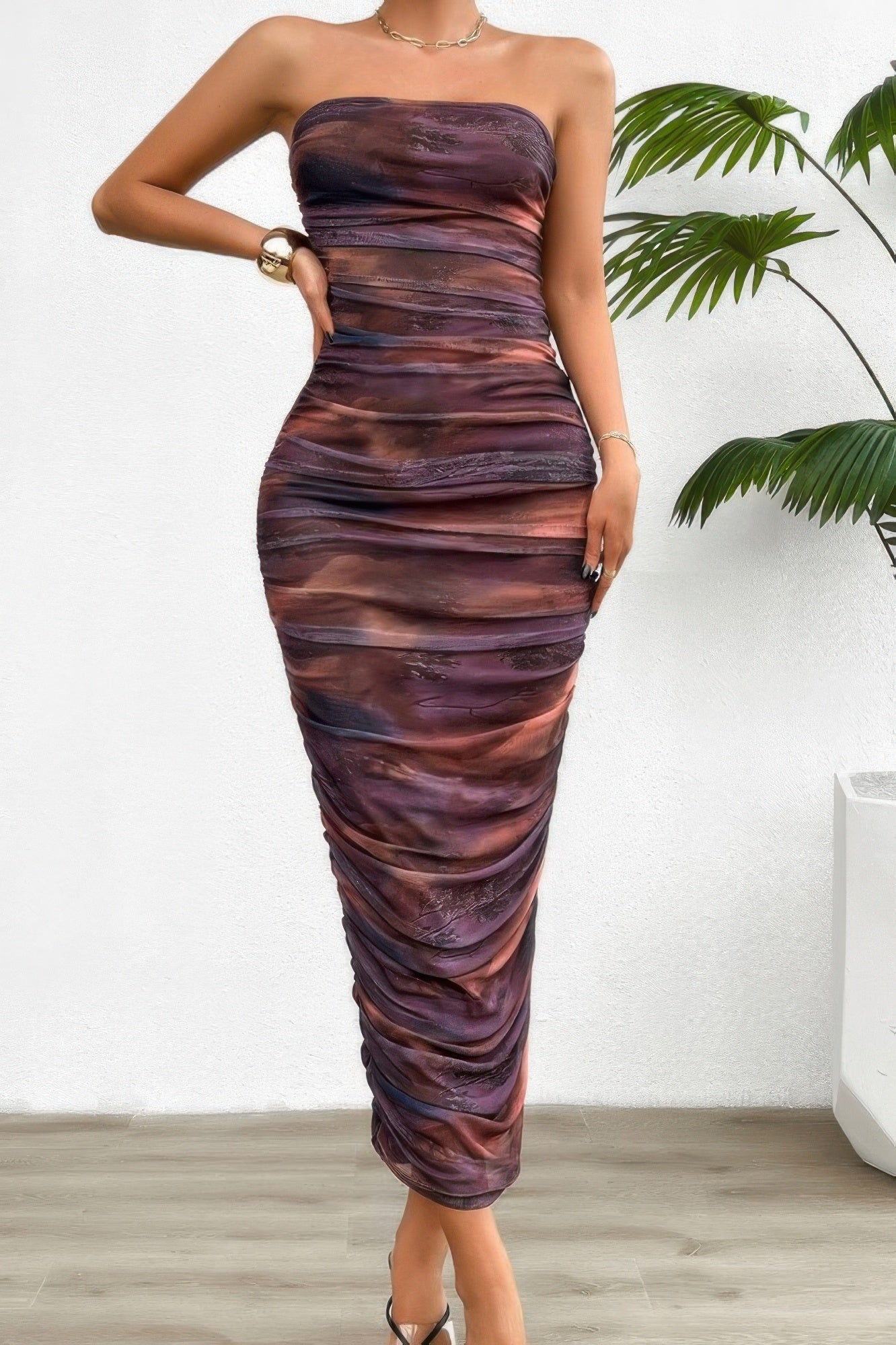 Off Shoulder Allover Print Pleated Bodycon Dress  Shop One Place