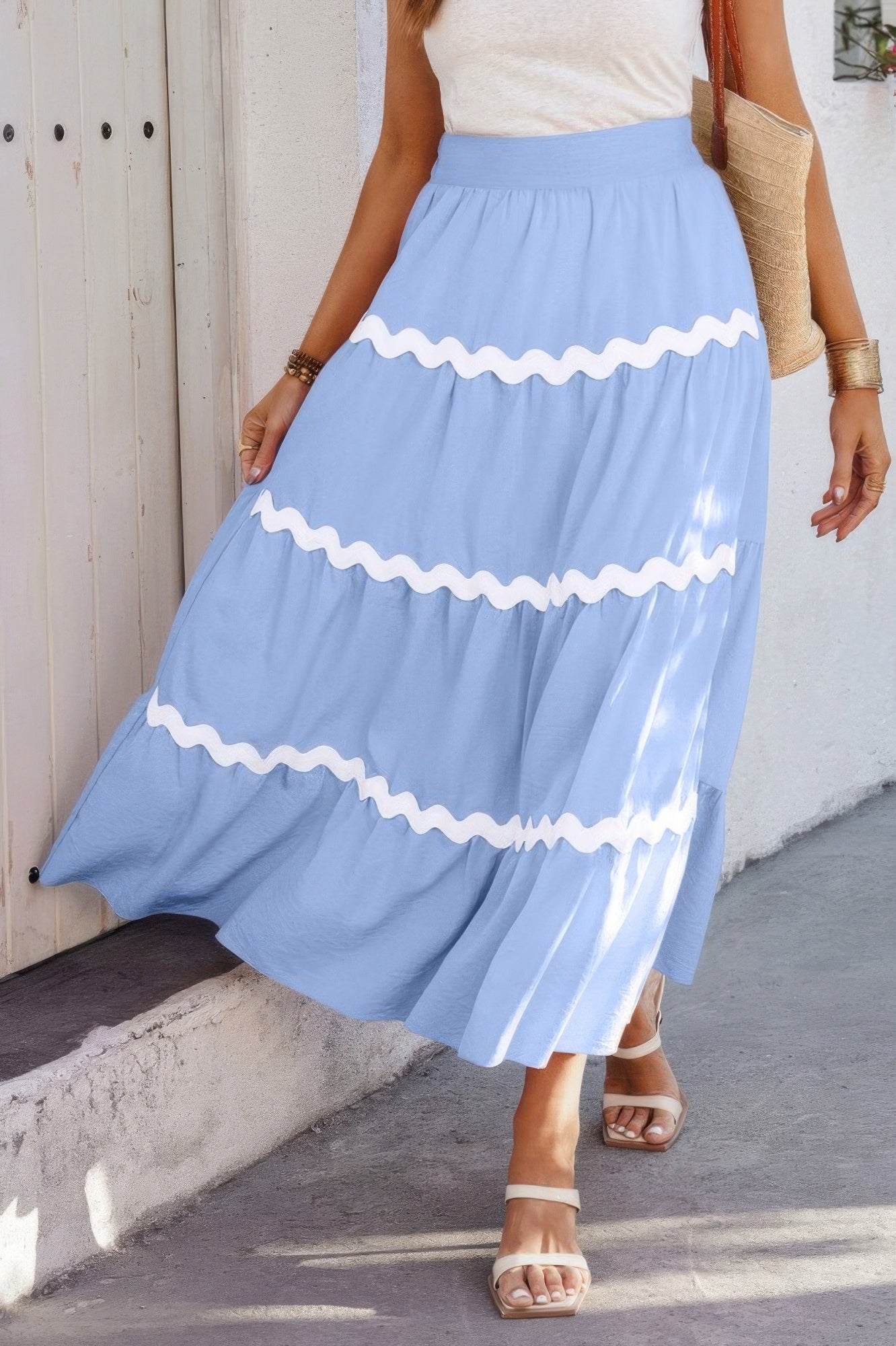 Waves Print Pleated Elastic Waist Band Skirt  Shop One Place