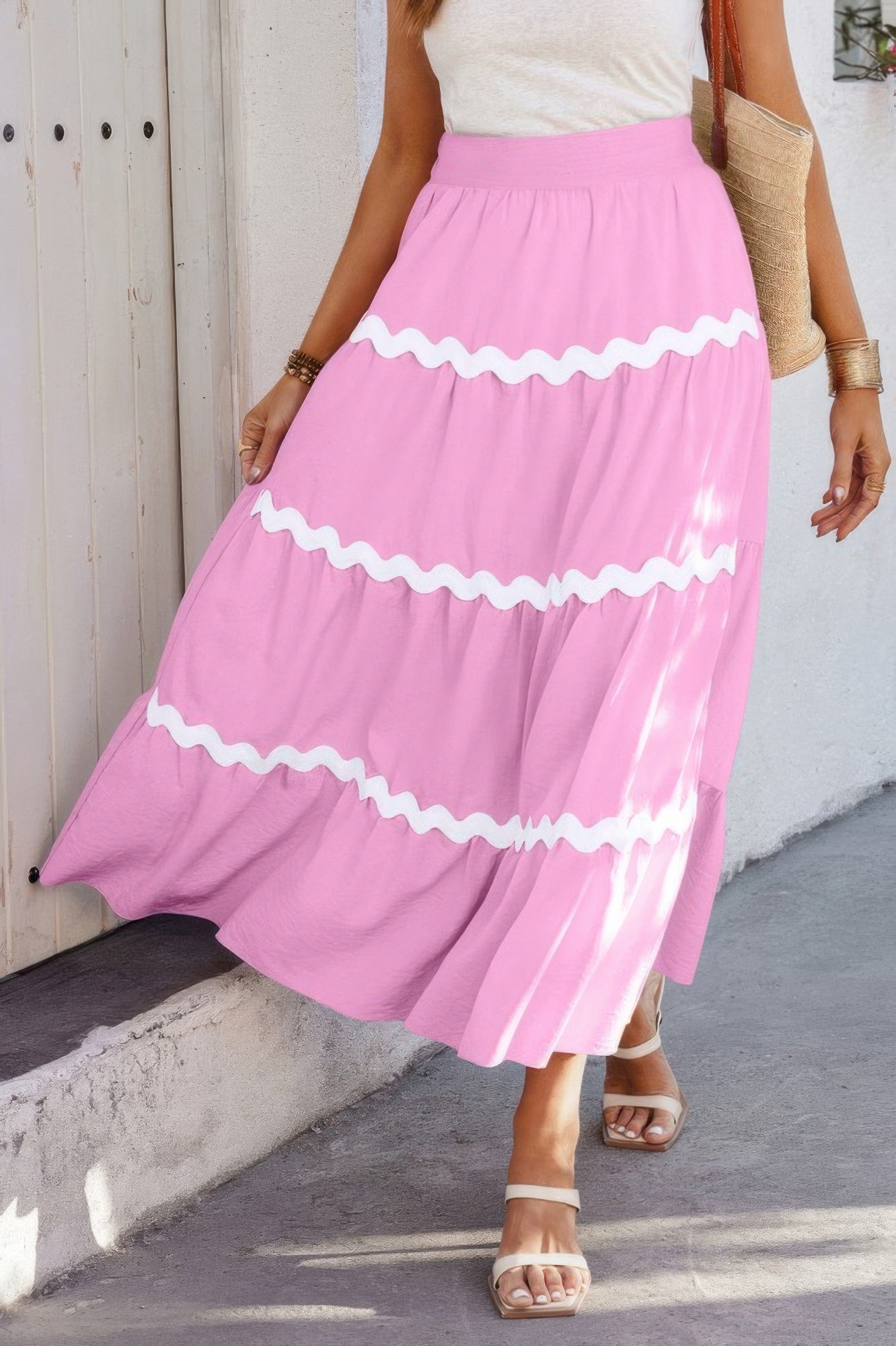 Waves Print Pleated Elastic Waist Band Skirt  Shop One Place
