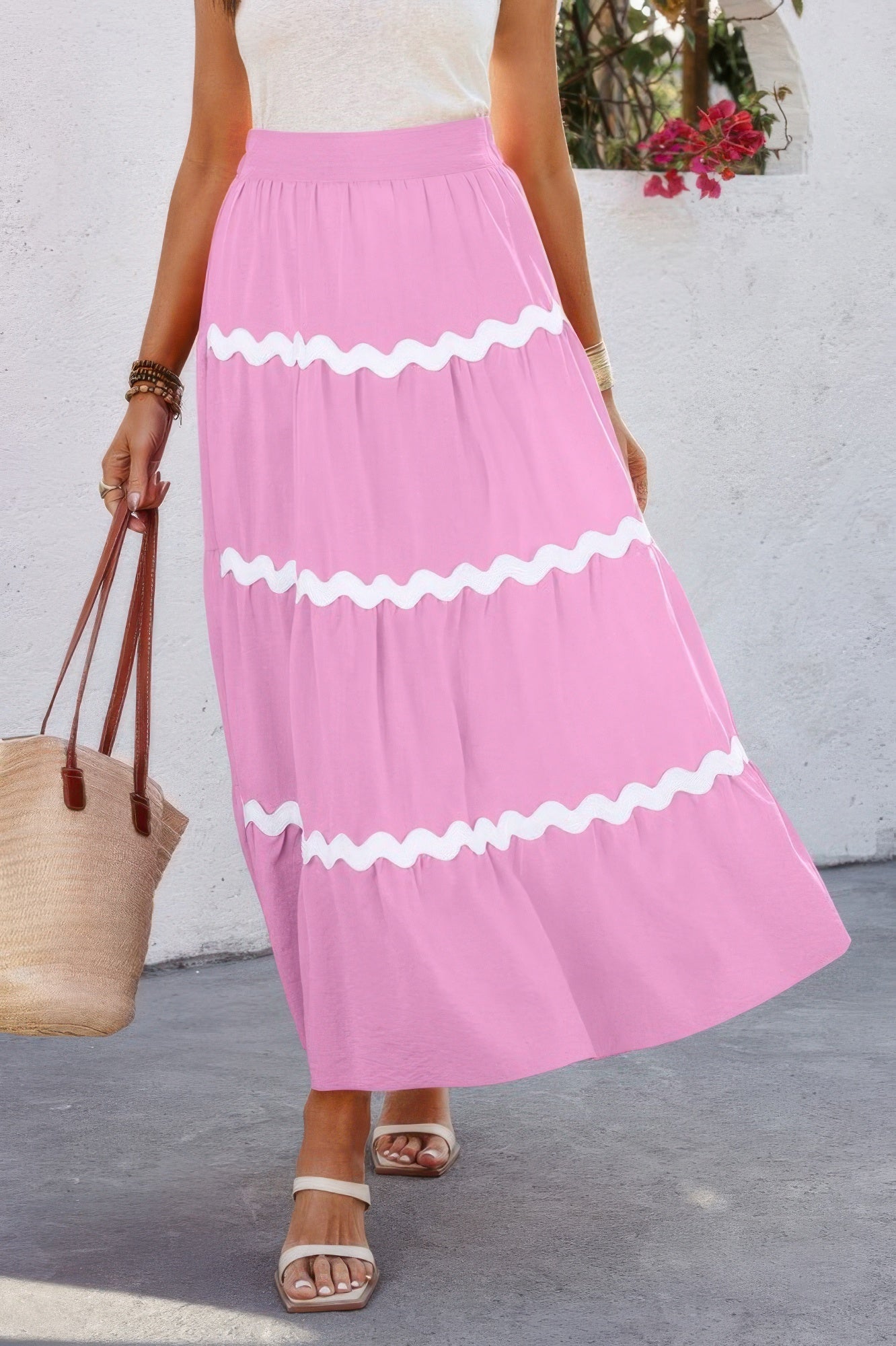 Waves Print Pleated Elastic Waist Band Skirt  Shop One Place
