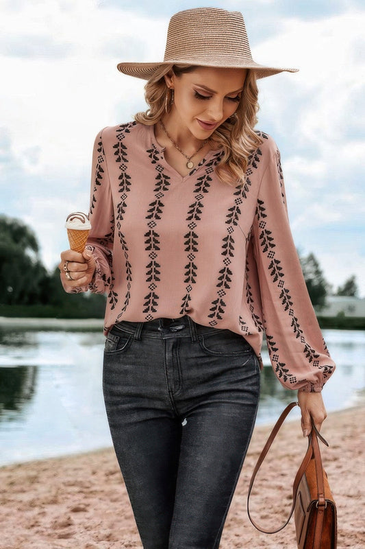 Graphic Print Strip Loose Fit V Neck Blouse  Shop One Place