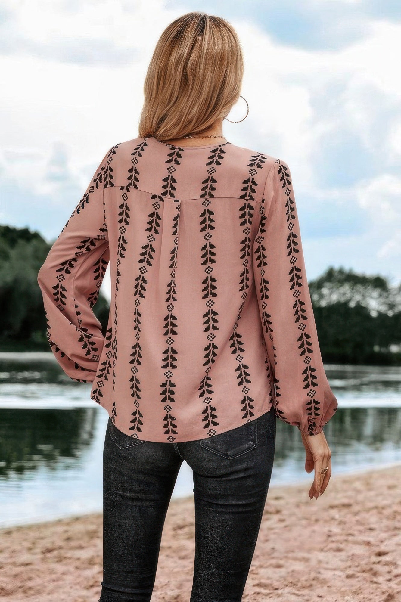 Graphic Print Strip Loose Fit V Neck Blouse  Shop One Place