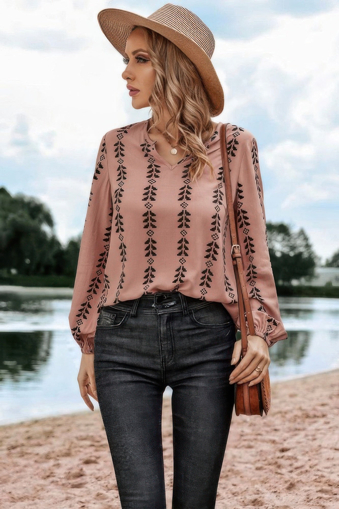 Graphic Print Strip Loose Fit V Neck Blouse  Shop One Place