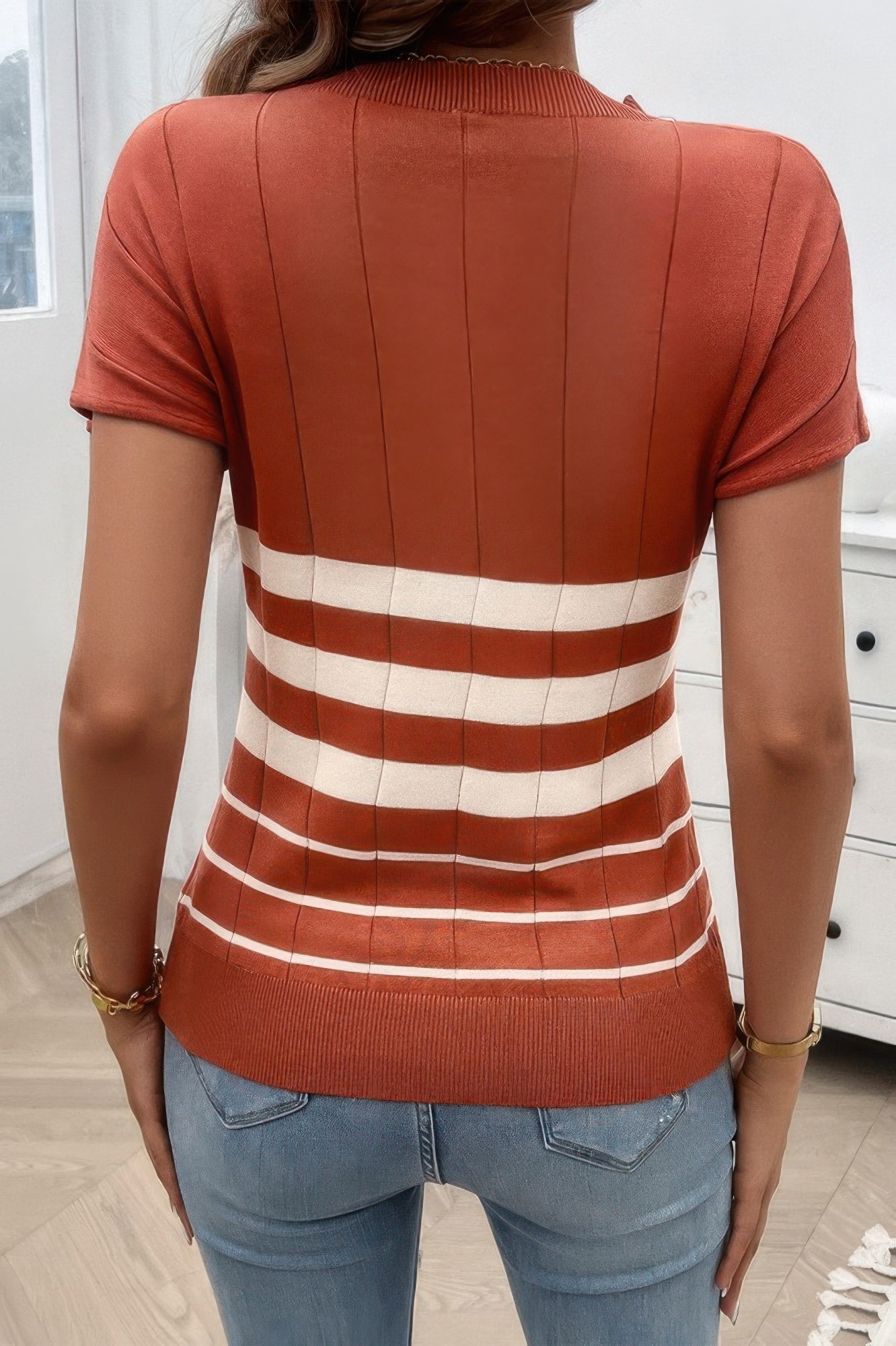 Round Neck Strip Knit Fit Short Sleeve Top  Shop One Place