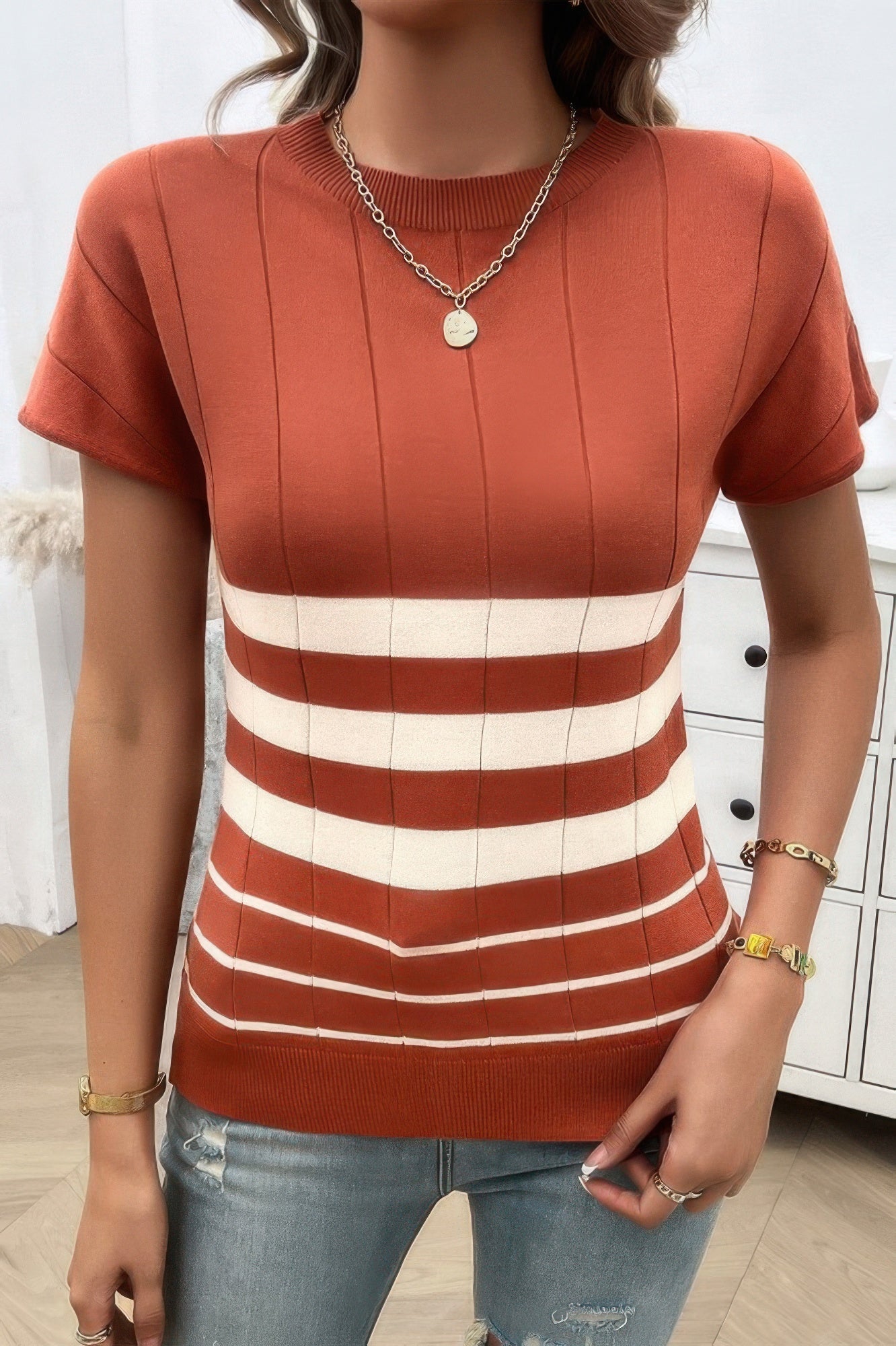 Round Neck Strip Knit Fit Short Sleeve Top  Shop One Place
