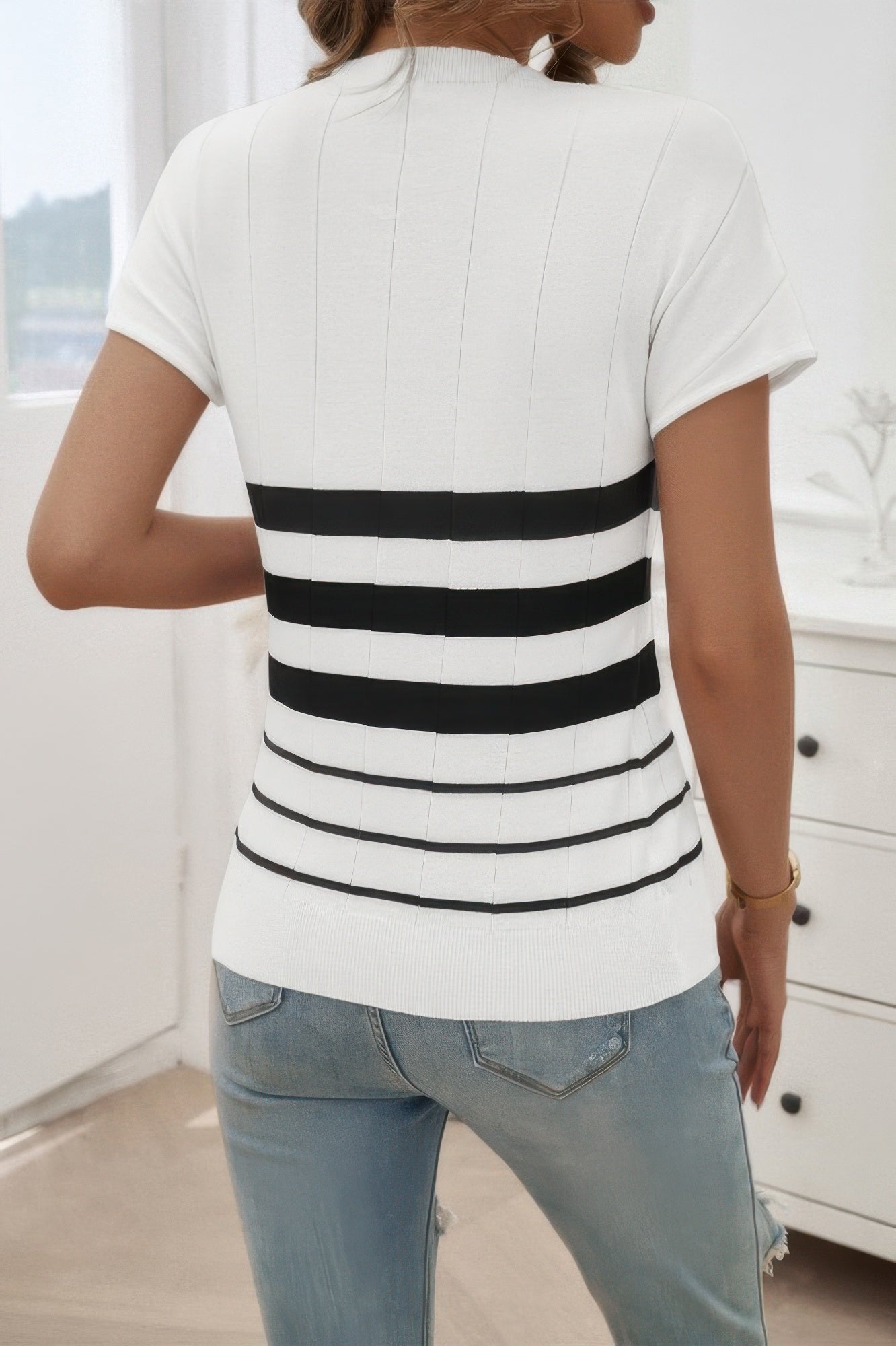 Round Neck Strip Knit Fit Short Sleeve Top  Shop One Place