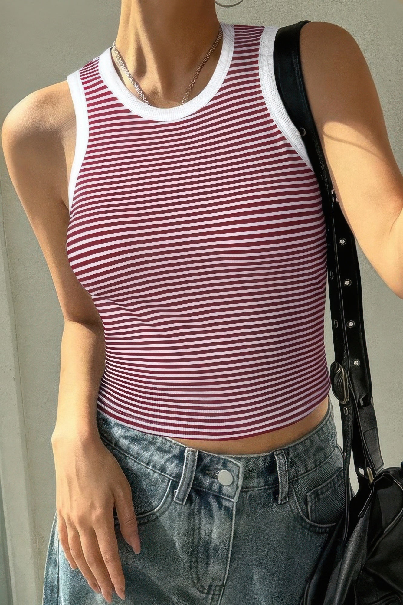 Striped Round Neck White Trim Crop Fitted Tank Top  Shop One Place