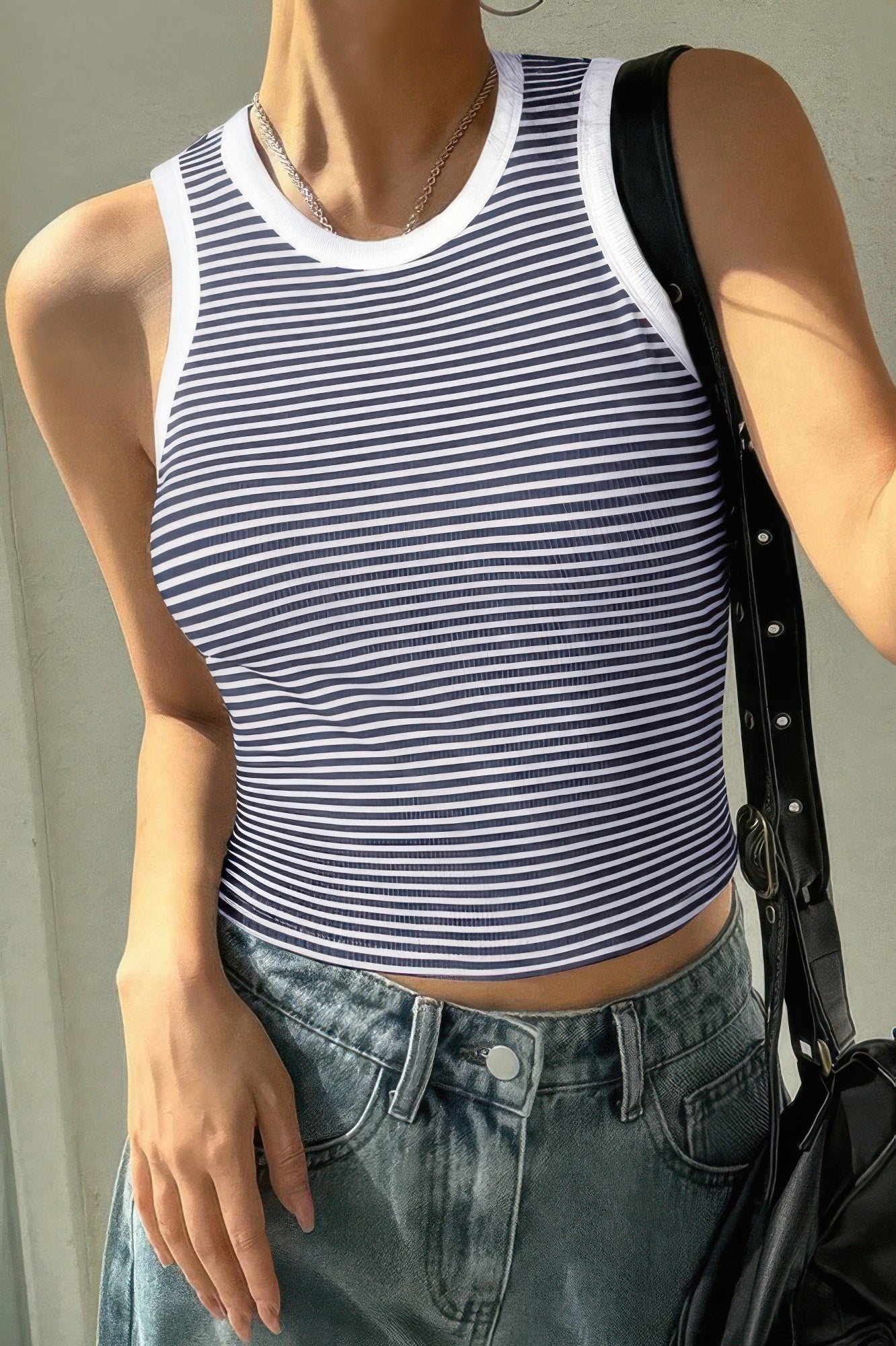 Striped Round Neck White Trim Crop Fitted Tank Top  Shop One Place