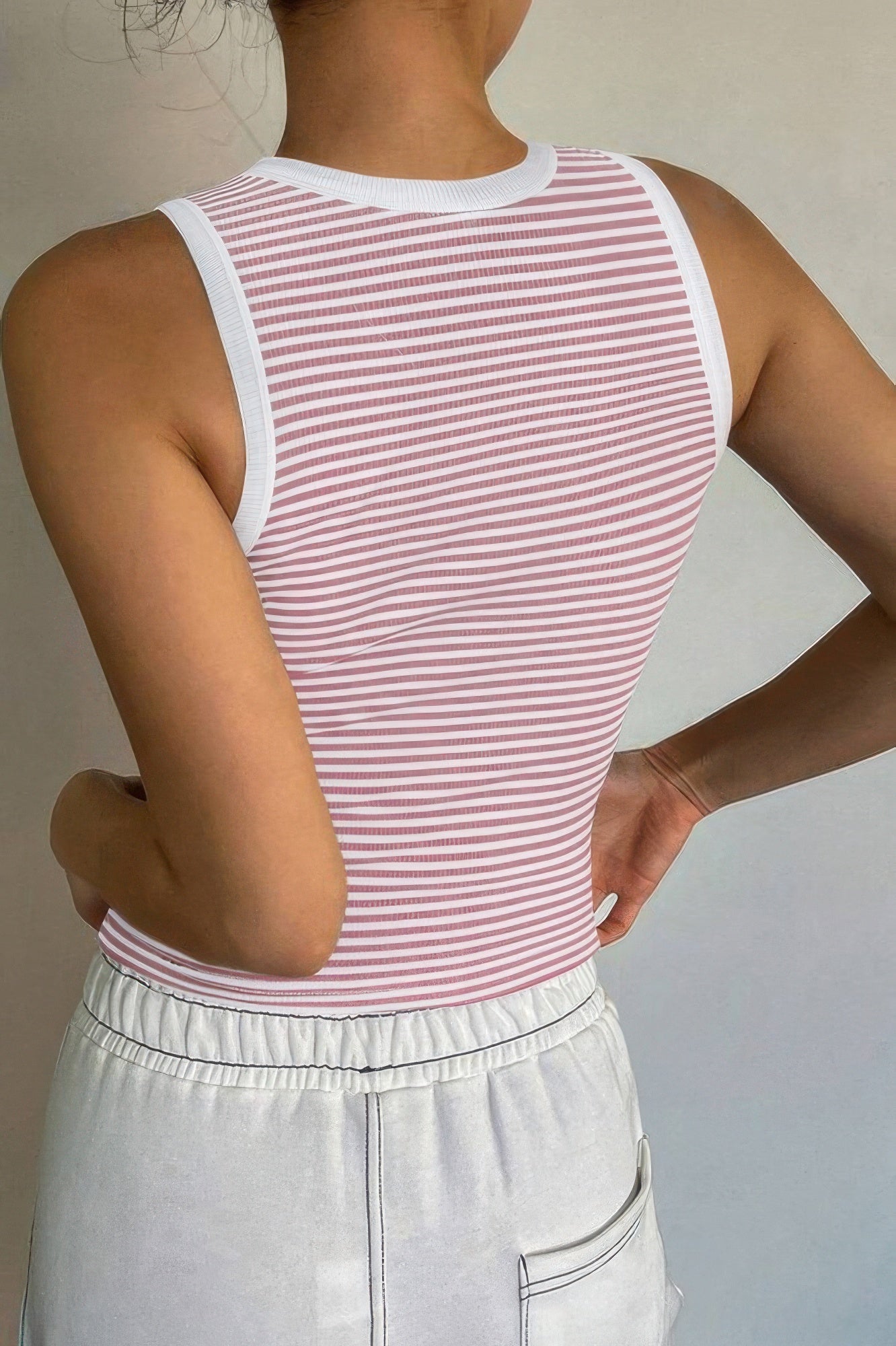 Striped Round Neck White Trim Crop Fitted Tank Top  Shop One Place