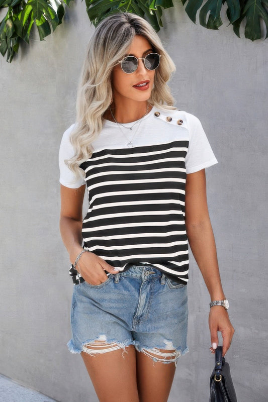 Strip Round Neck Loose Fit Button Tee  Shop One Place