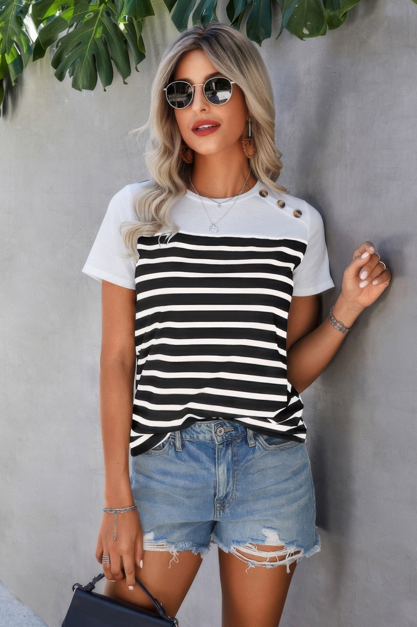 Strip Round Neck Loose Fit Button Tee  Shop One Place