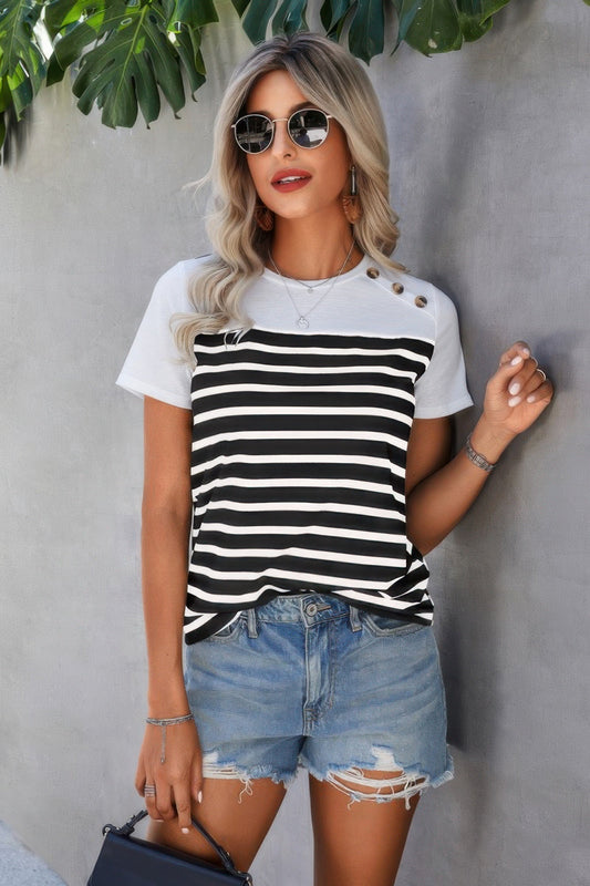 Strip Round Neck Loose Fit Button Tee  Shop One Place