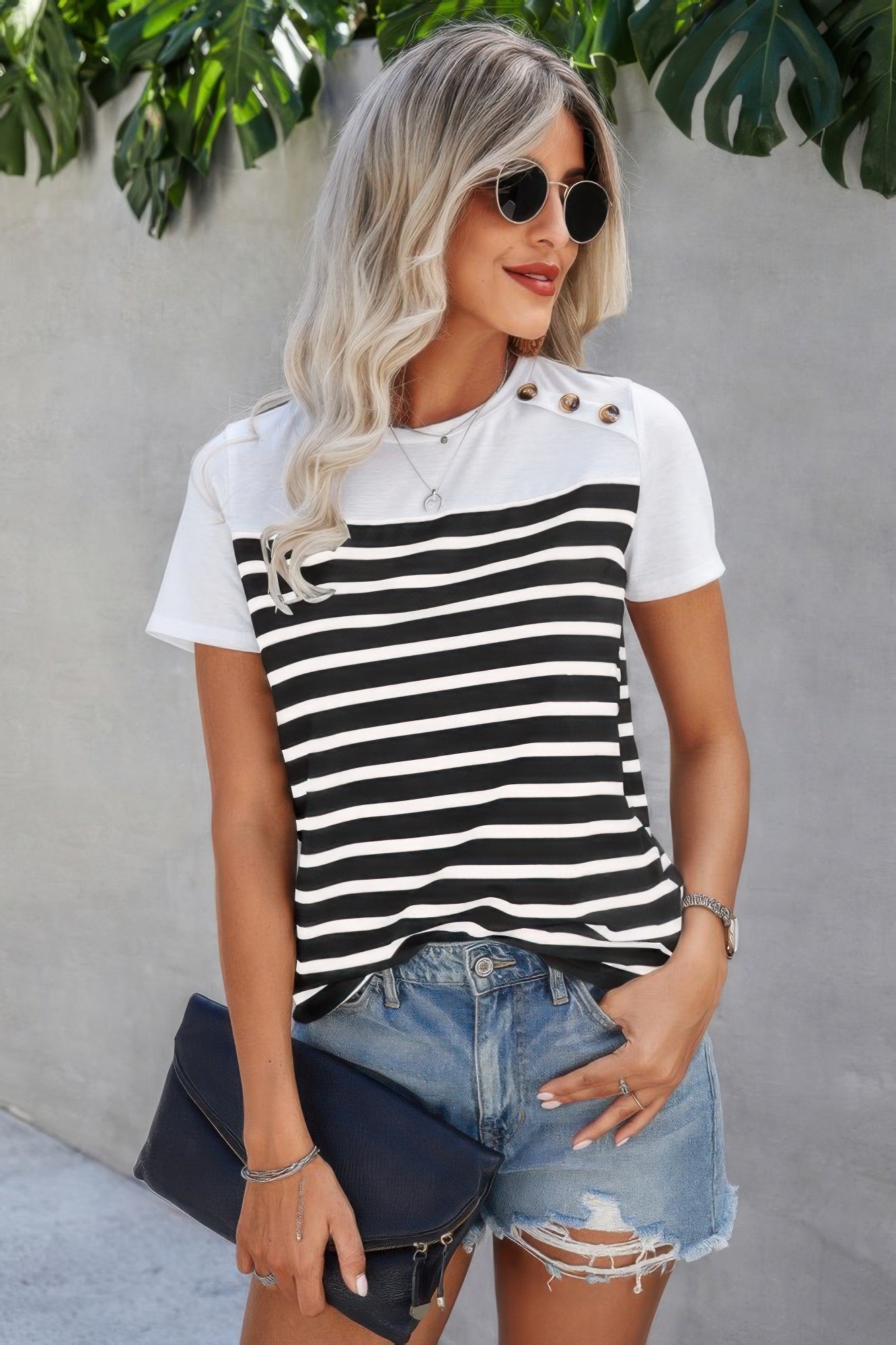 Strip Round Neck Loose Fit Button Tee  Shop One Place