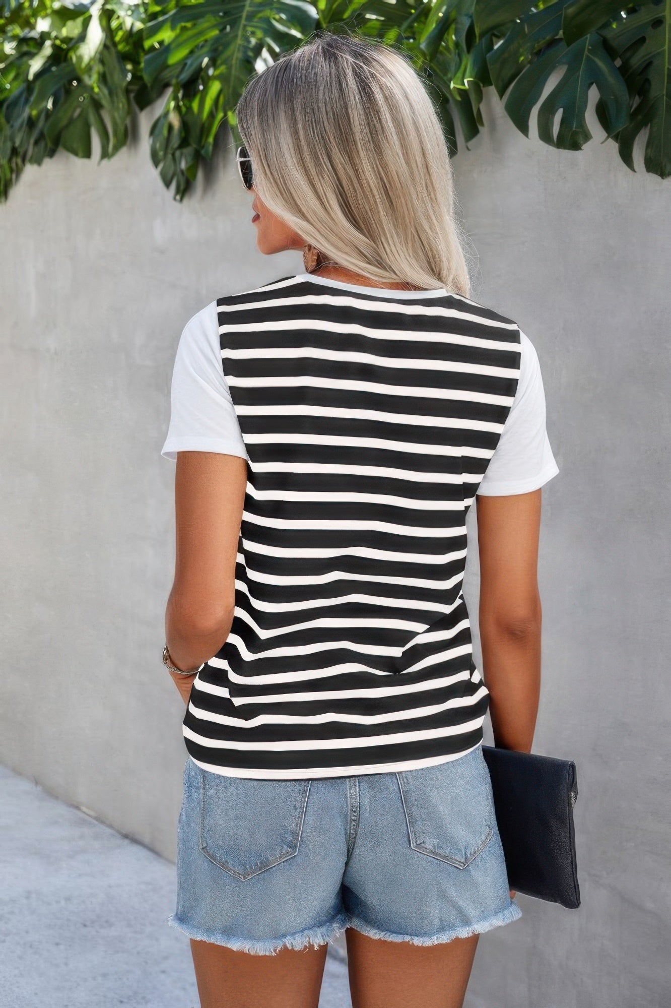 Strip Round Neck Loose Fit Button Tee  Shop One Place