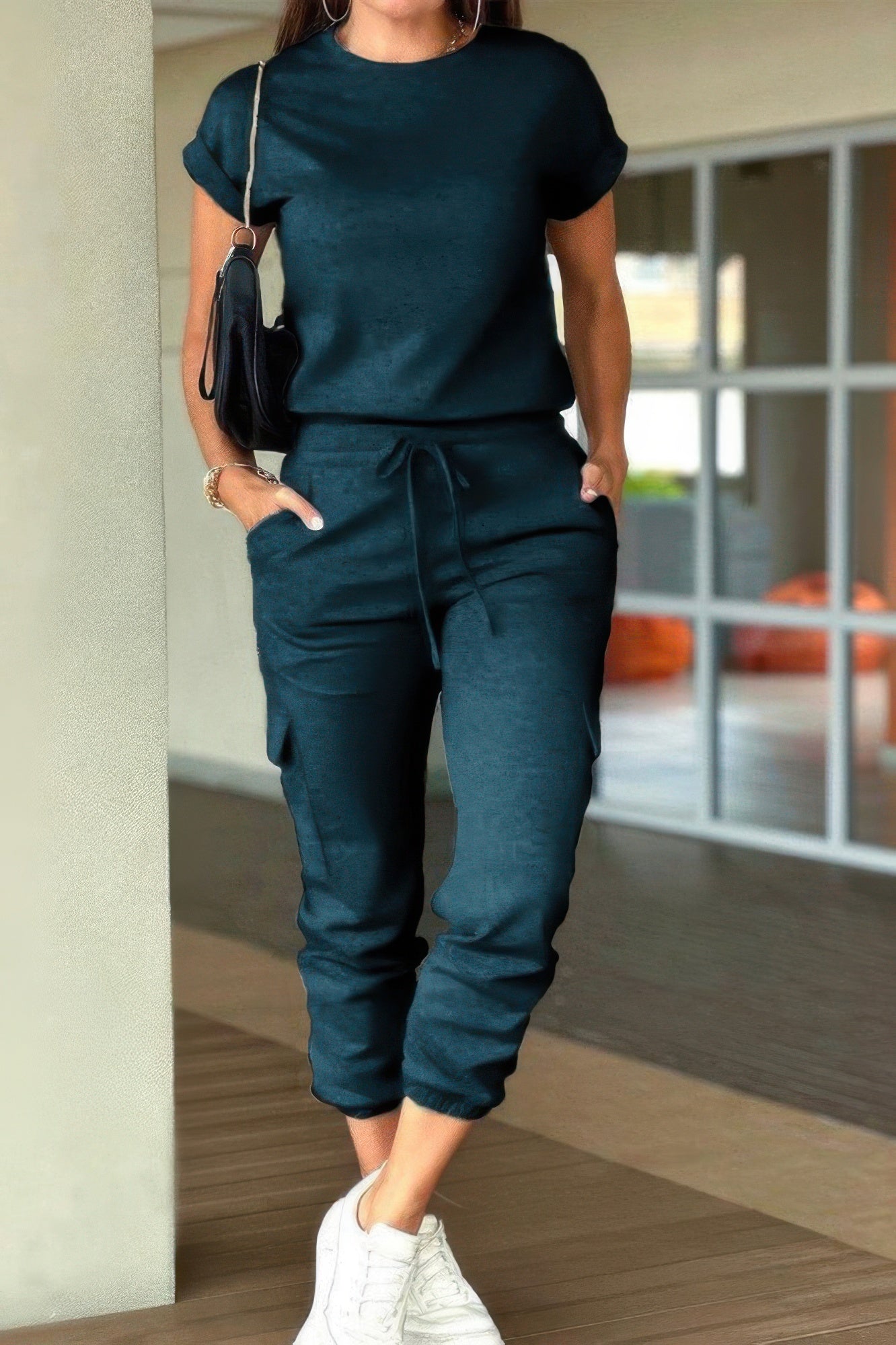 Crew Neck Short Sleeve Drawstring Waist Jumpsuit  Shop One Place