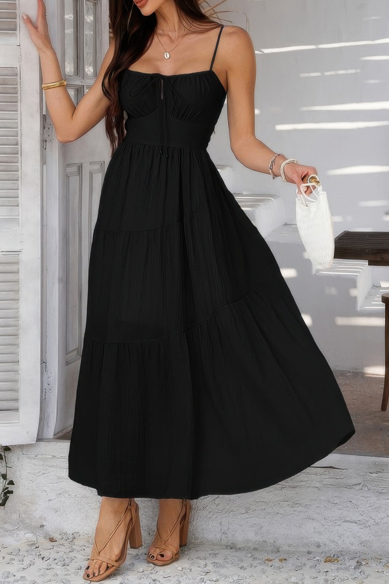 Solid Sleeveless Smocked Tiered Maxi Cami Dress  Shop One Place