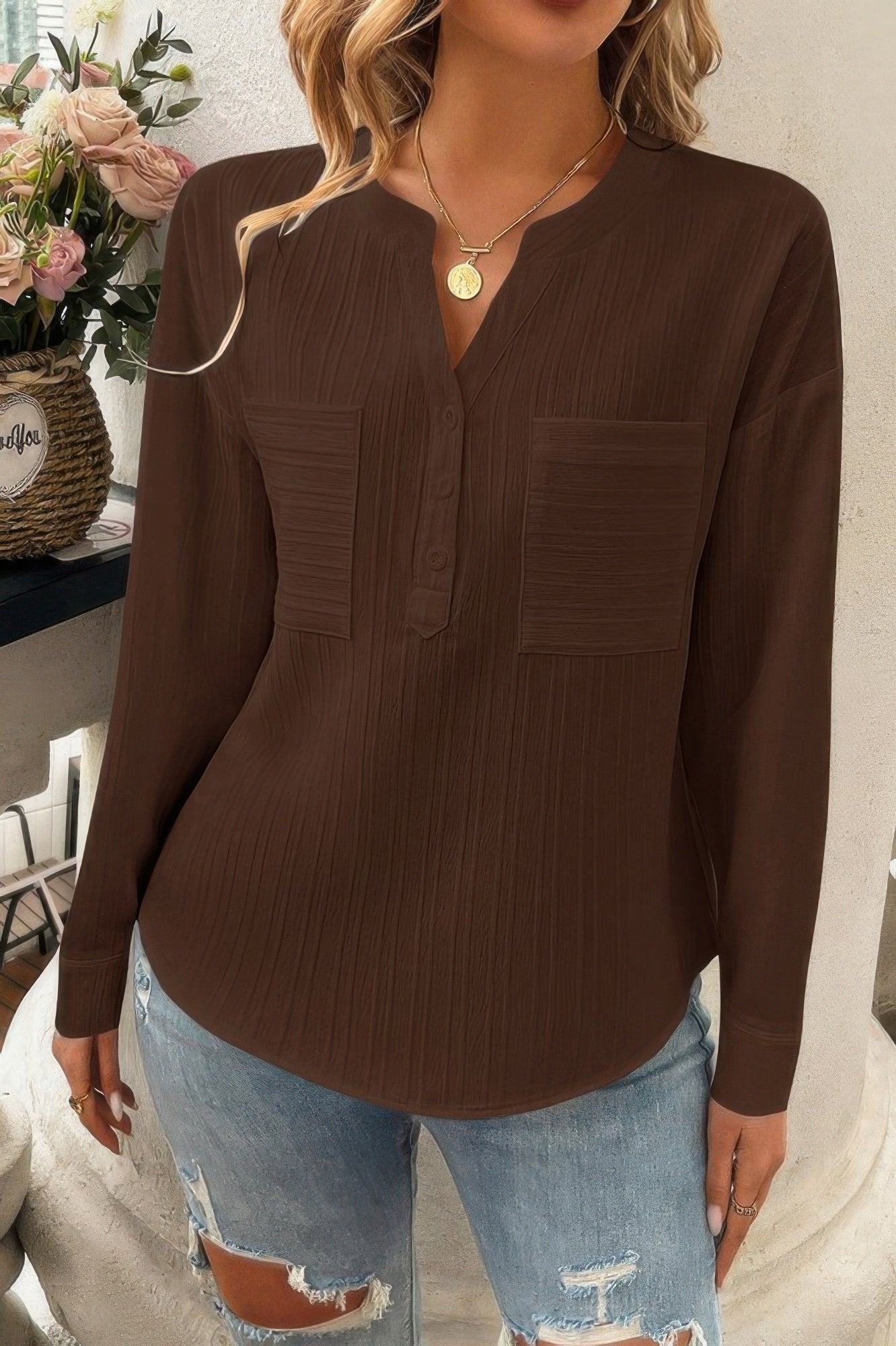 Pleated V Neck Pockets Button Drop Shoulder Blouse  Shop One Place