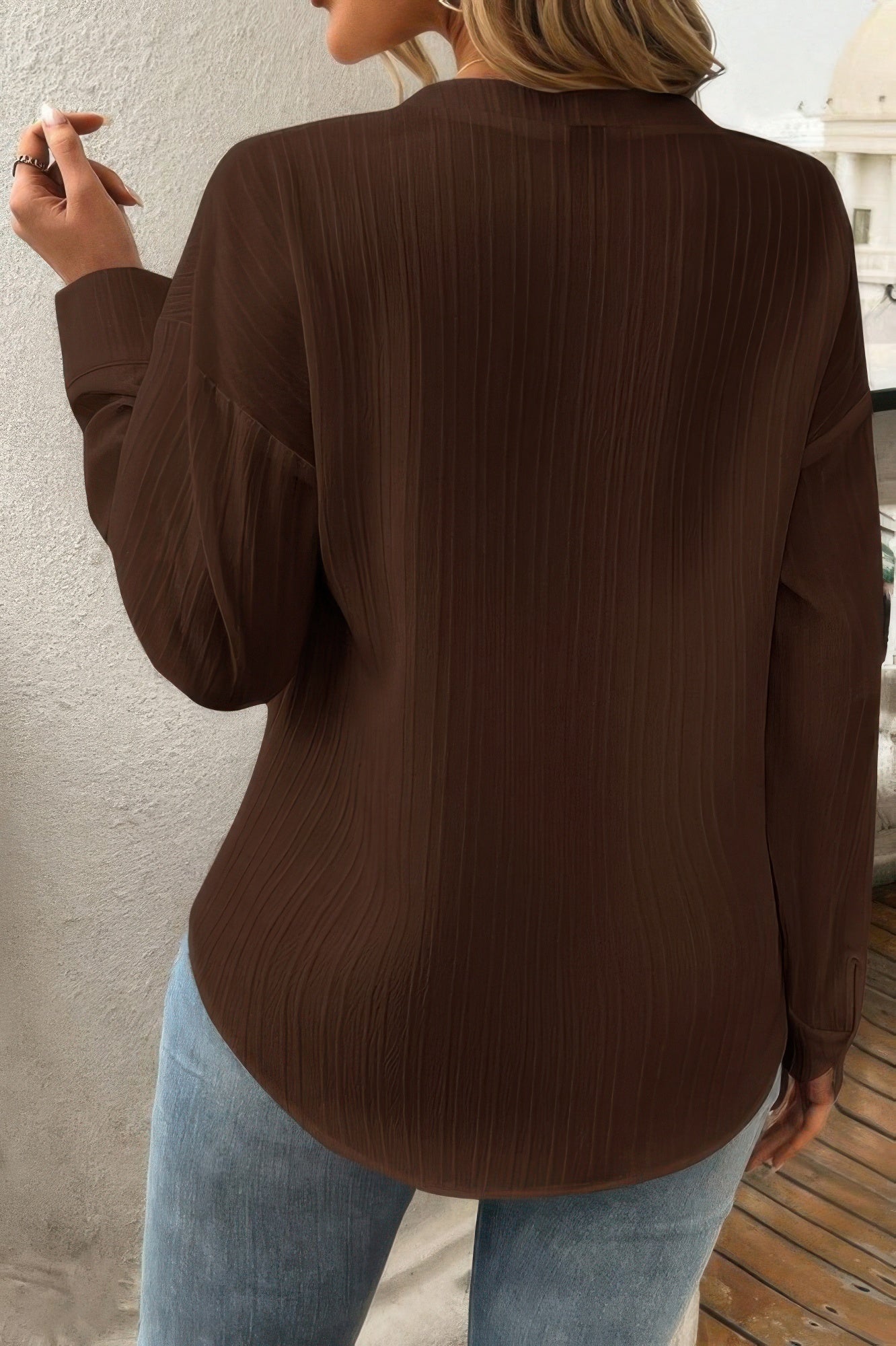 Pleated V Neck Pockets Button Drop Shoulder Blouse  Shop One Place