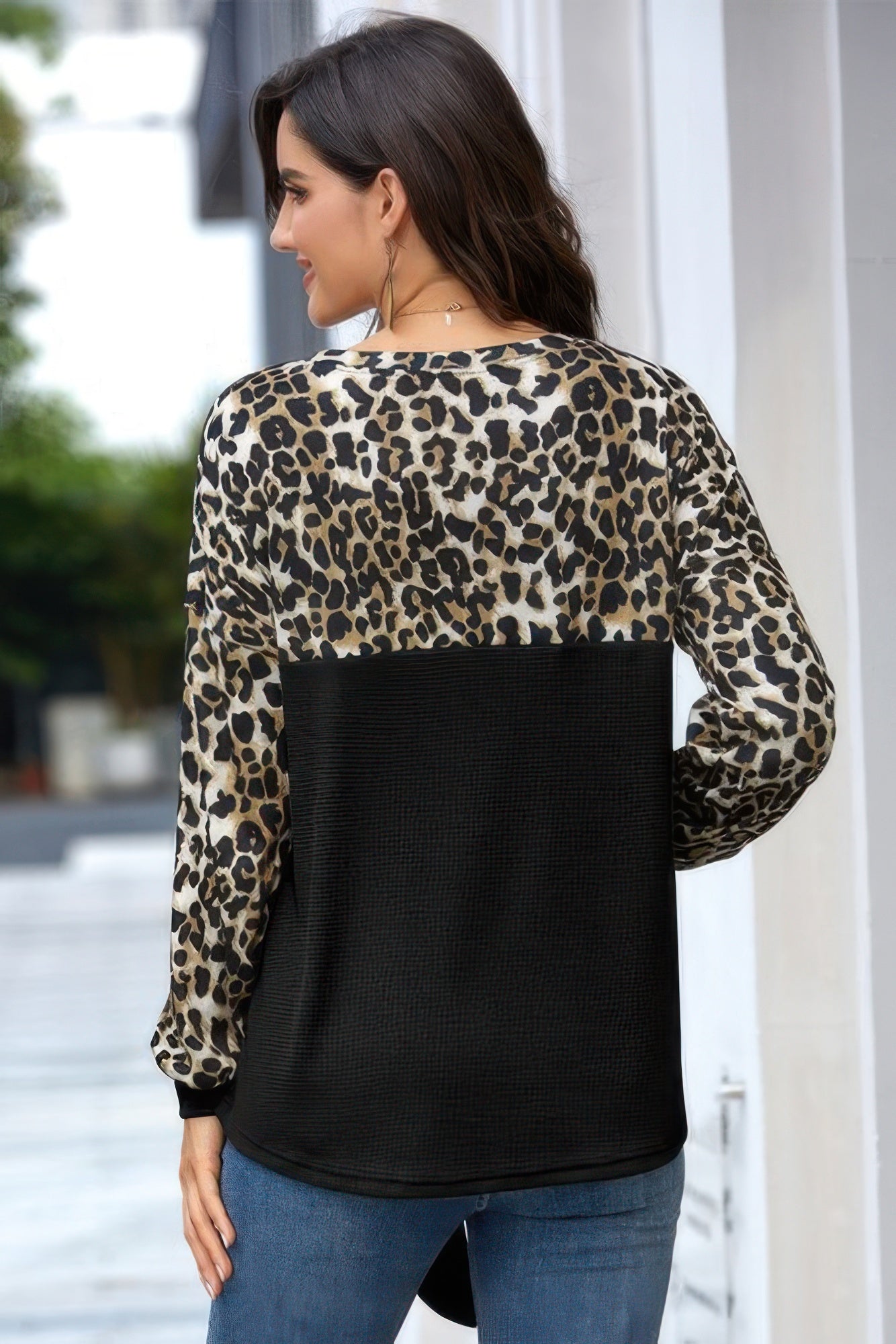 Leopard Stitching Bow Knit Crew Neck Loose Pullover  Shop One Place