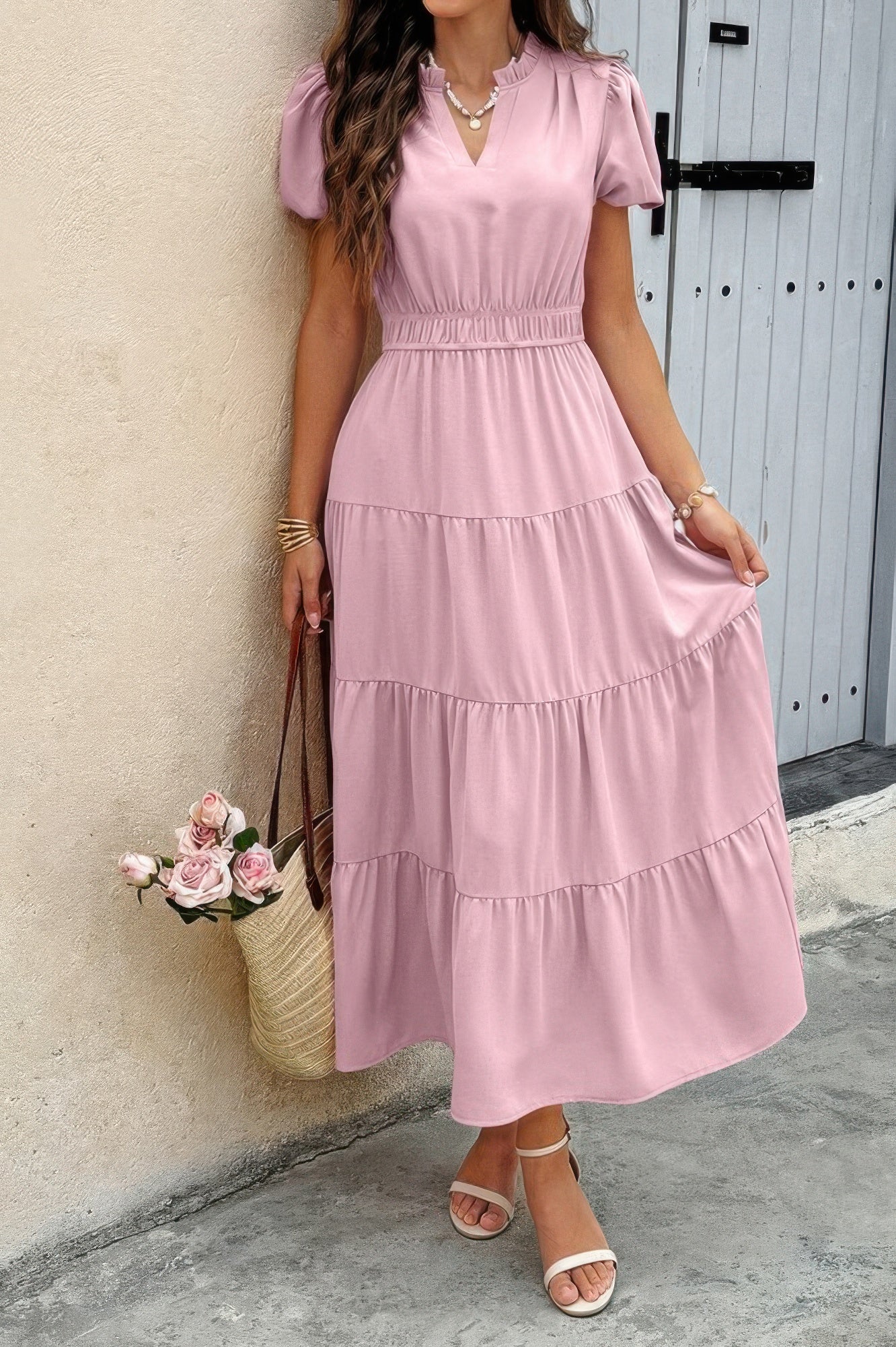 Solid V Neck Color Block Elastic Waist Dress  Shop One Place