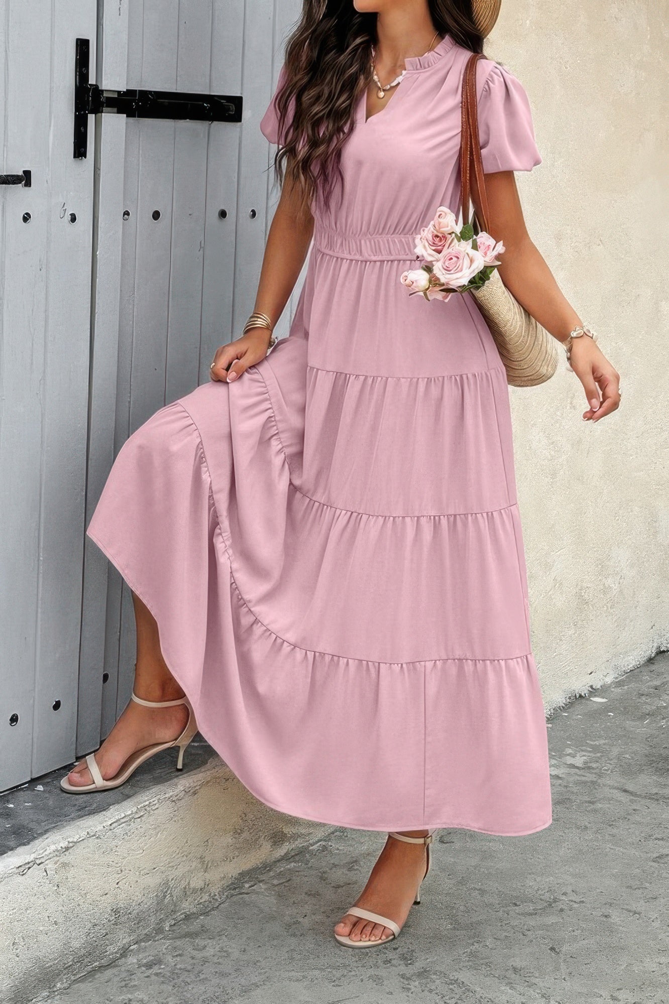 Solid V Neck Color Block Elastic Waist Dress  Shop One Place