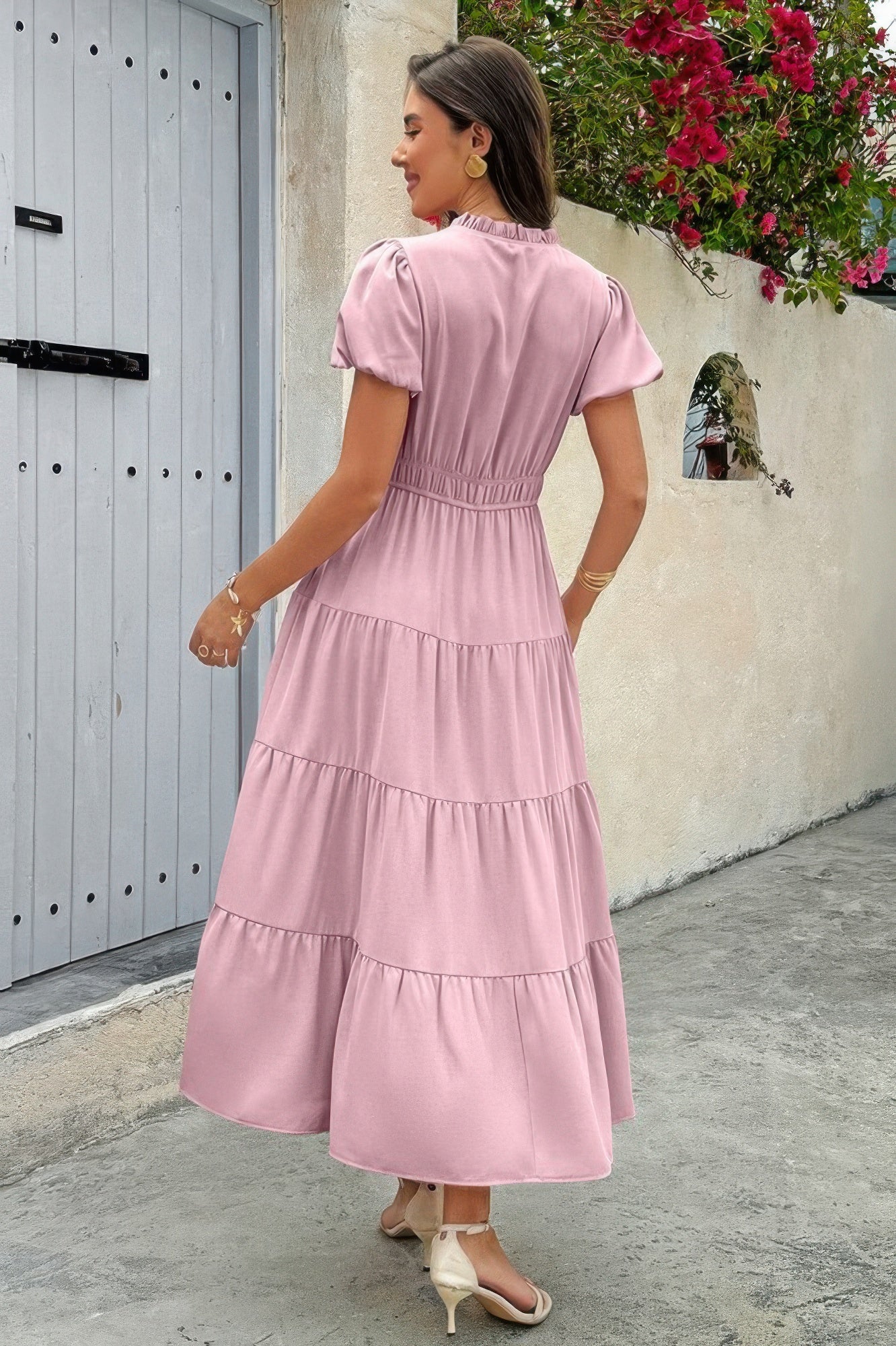 Solid V Neck Color Block Elastic Waist Dress  Shop One Place