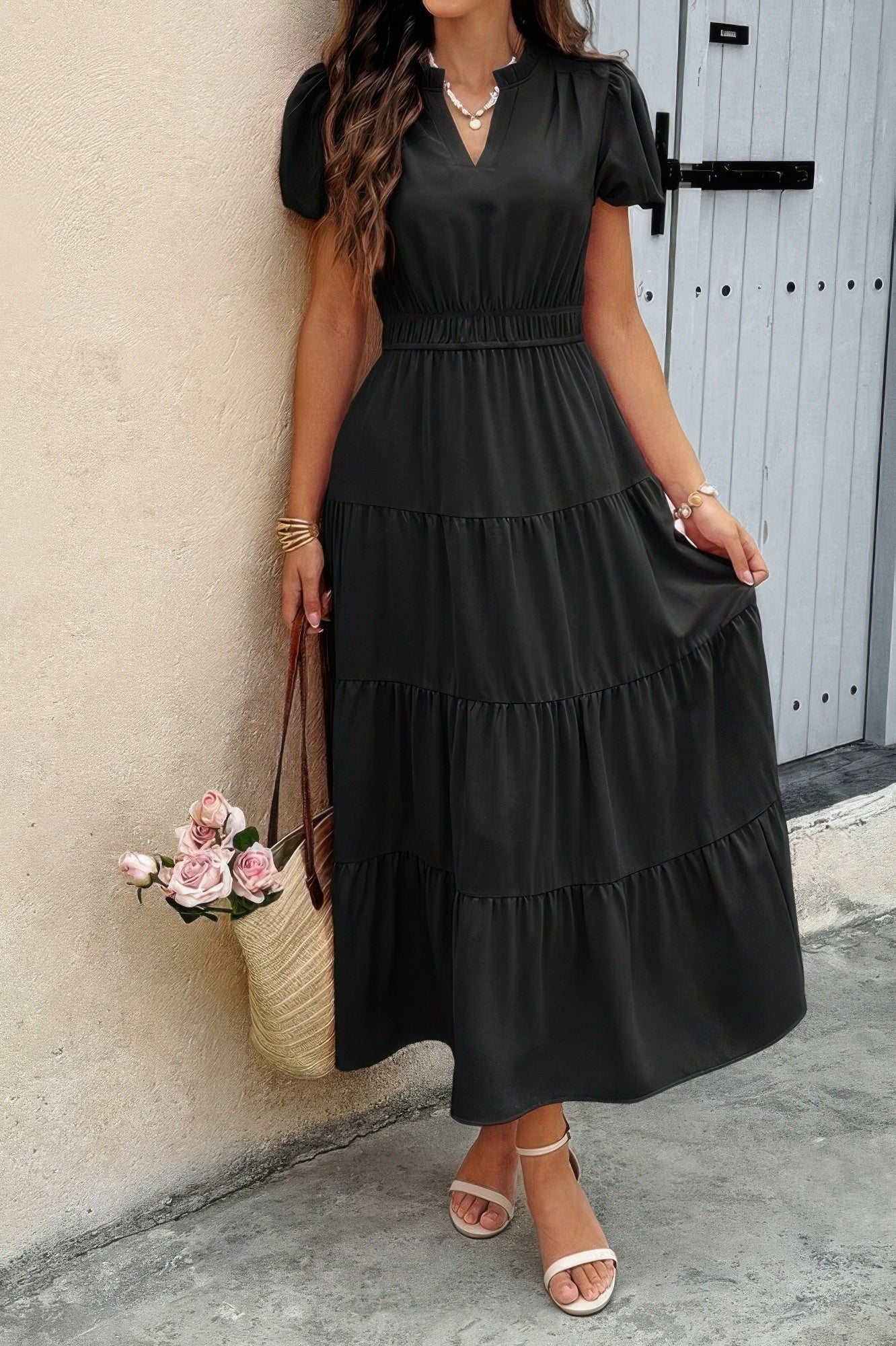 Solid V Neck Color Block Elastic Waist Dress  Shop One Place