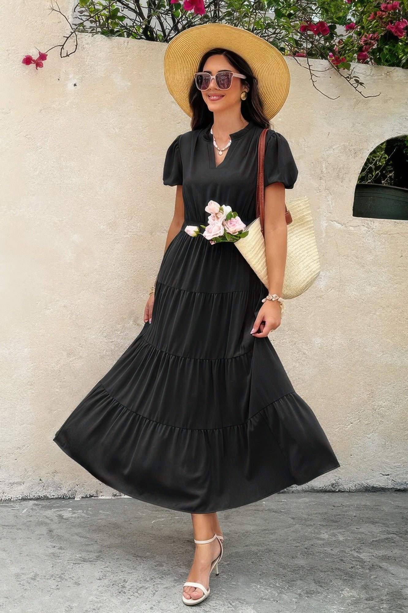 Solid V Neck Color Block Elastic Waist Dress  Shop One Place