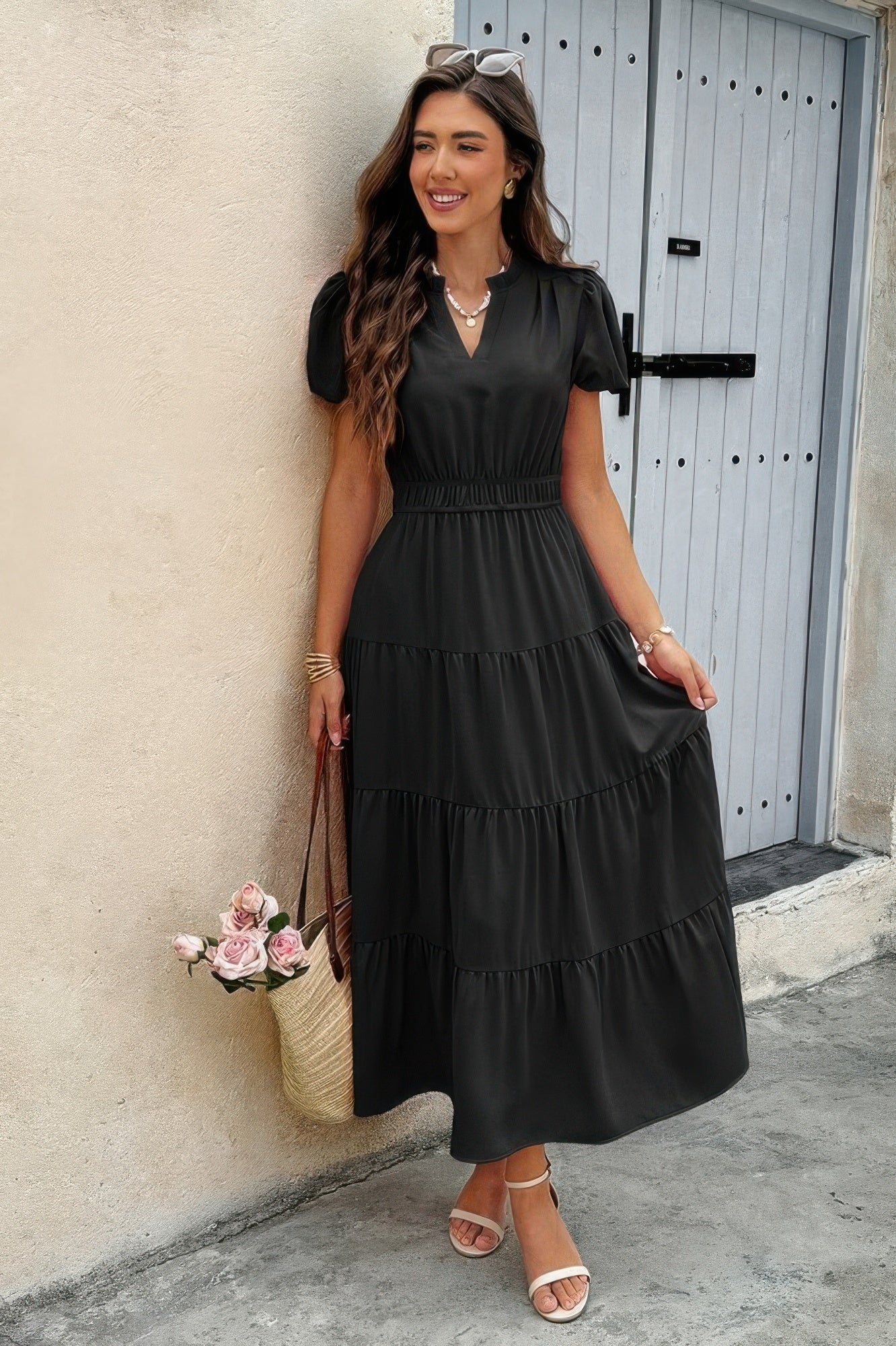 Solid V Neck Color Block Elastic Waist Dress  Shop One Place