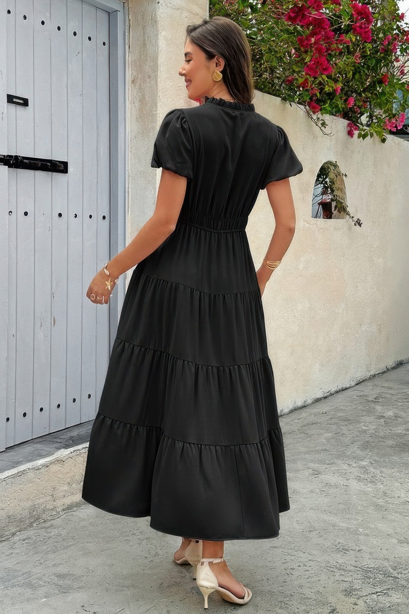 Solid V Neck Color Block Elastic Waist Dress  Shop One Place