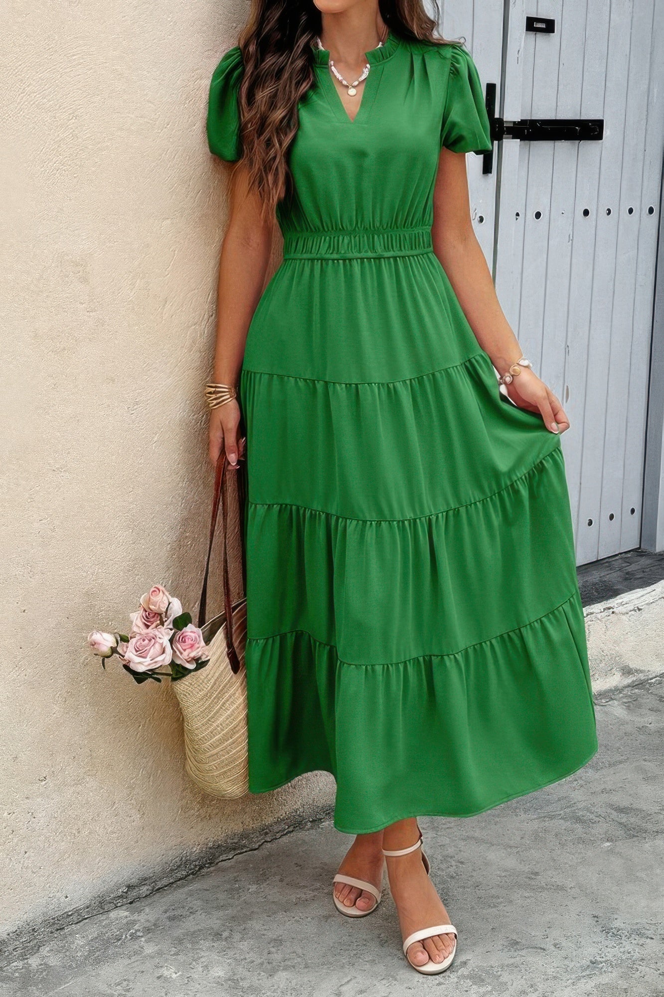 Solid V Neck Color Block Elastic Waist Dress  Shop One Place