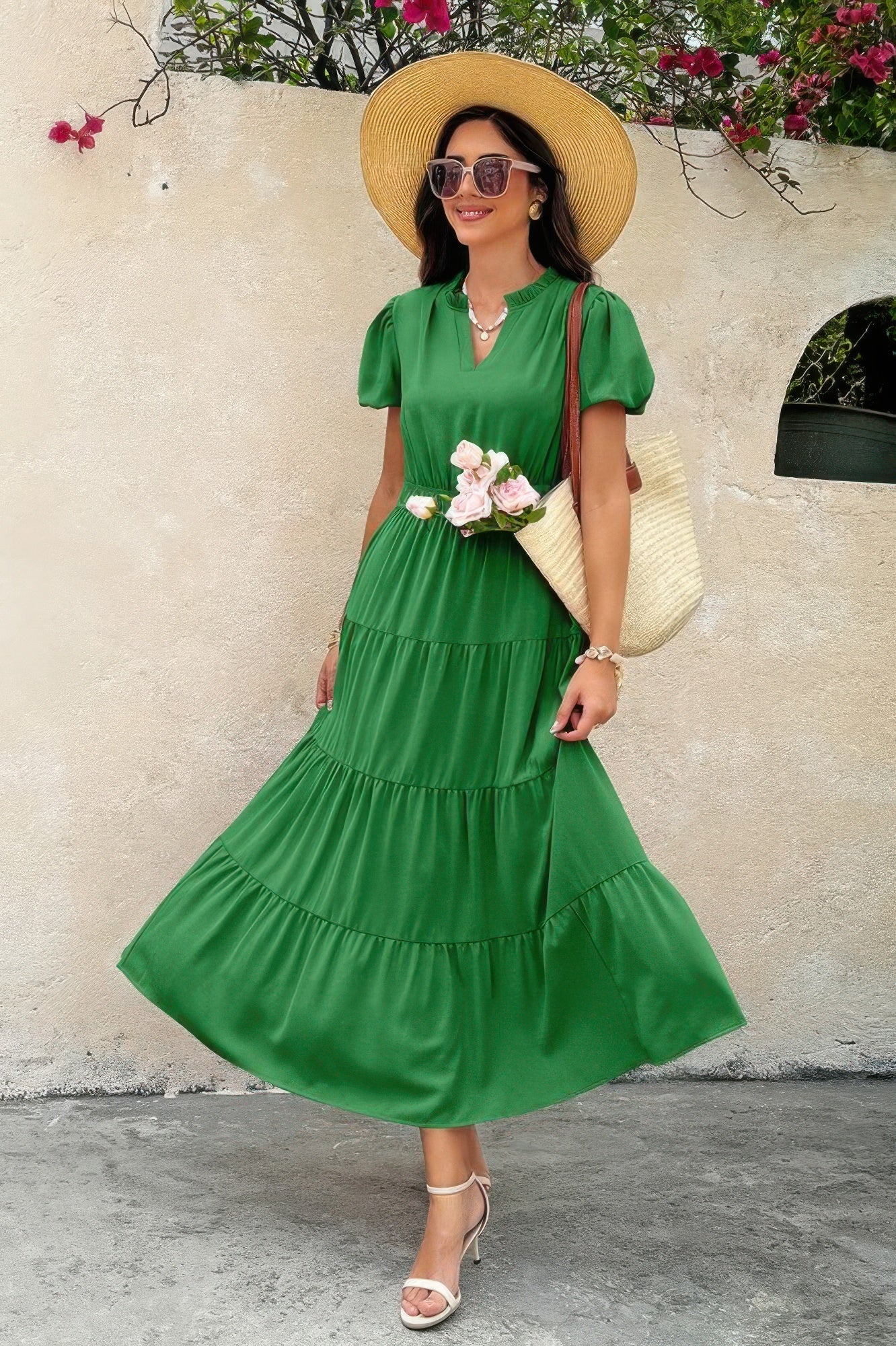 Solid V Neck Color Block Elastic Waist Dress  Shop One Place