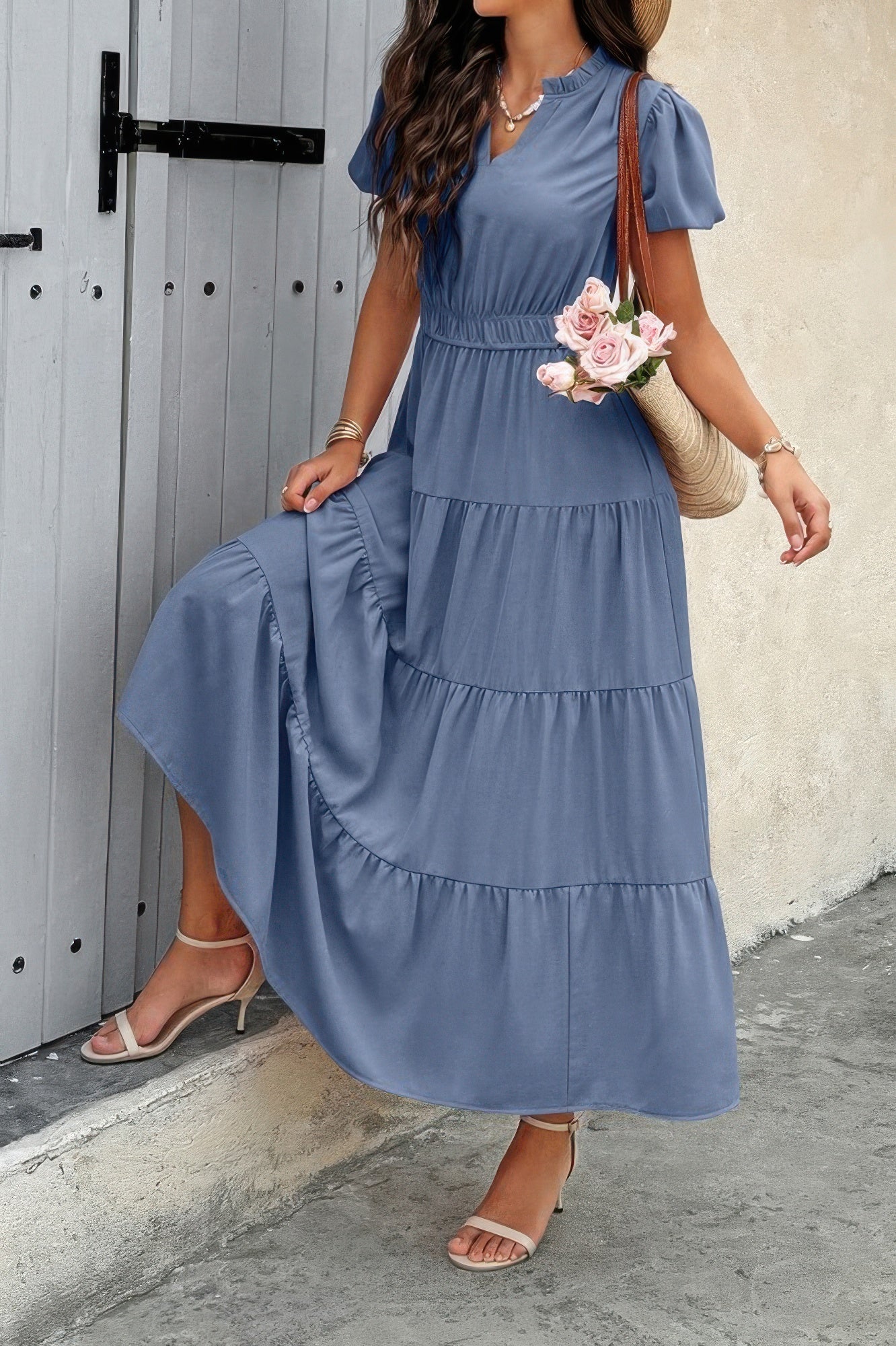 Solid V Neck Color Block Elastic Waist Dress  Shop One Place