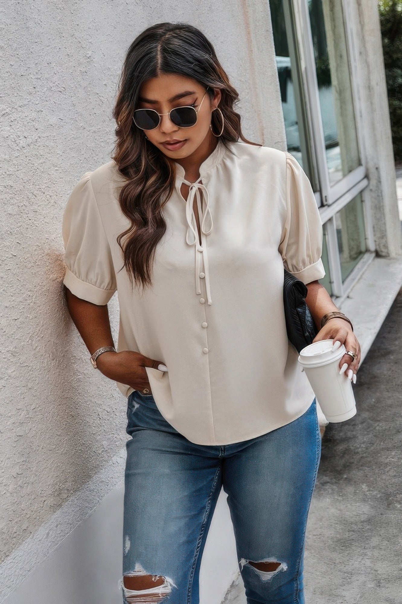Plus Size Cross Neck Puff Sleeves Solid Button Top  Shop One Place