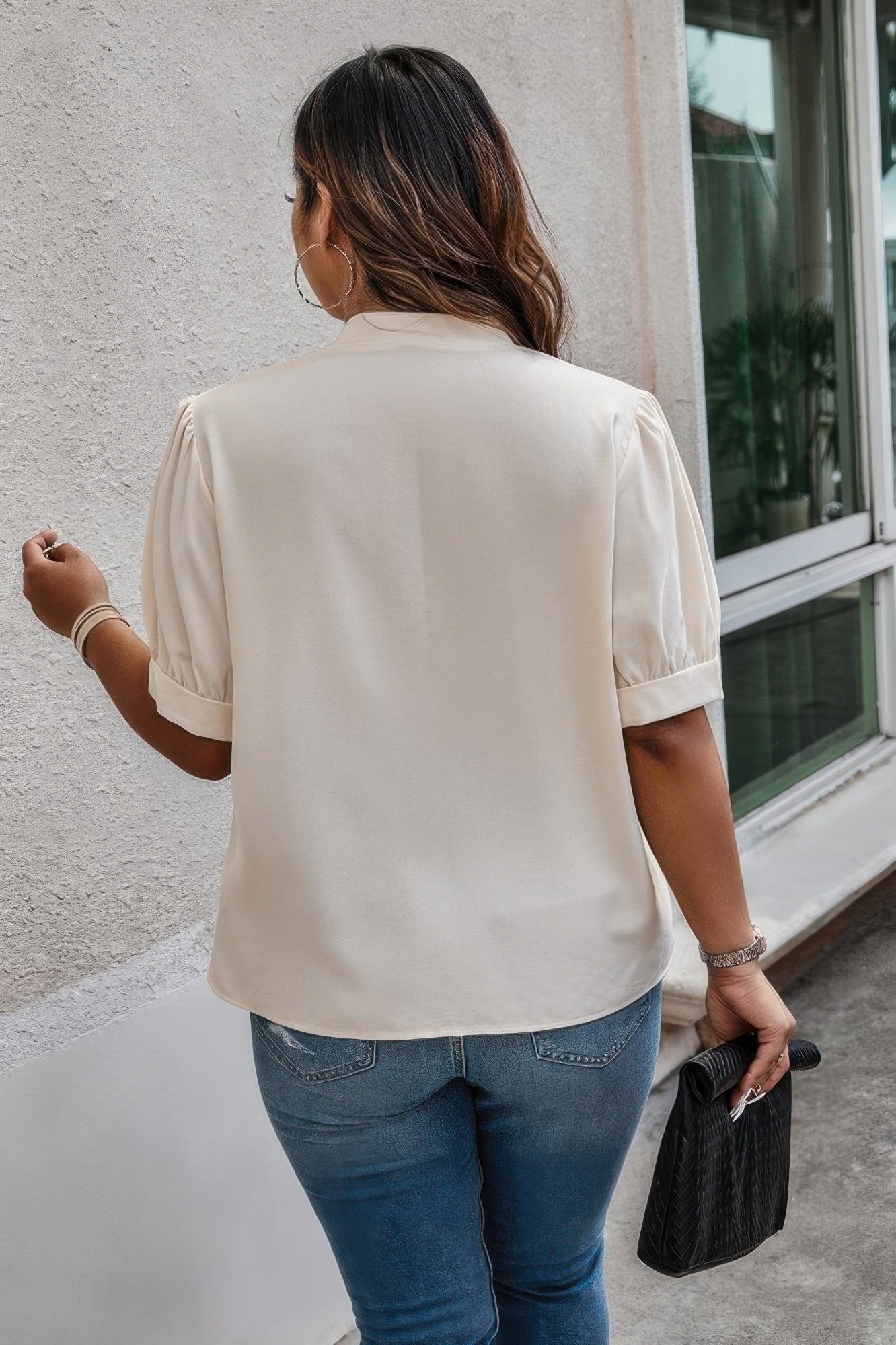 Plus Size Cross Neck Puff Sleeves Solid Button Top  Shop One Place