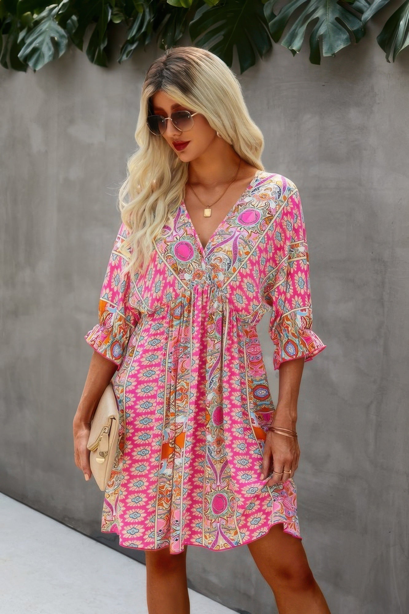 V Neck Half Sleeve Graphic Swing Dress  Shop One Place