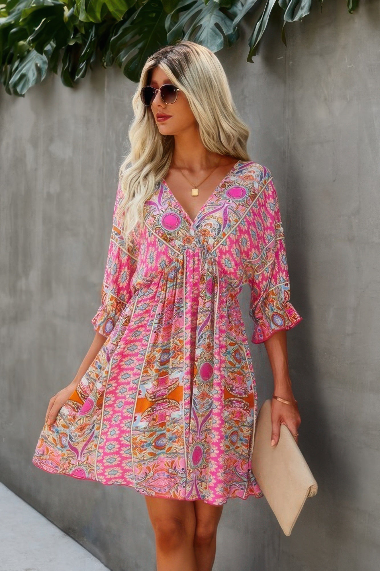 V Neck Half Sleeve Graphic Swing Dress  Shop One Place