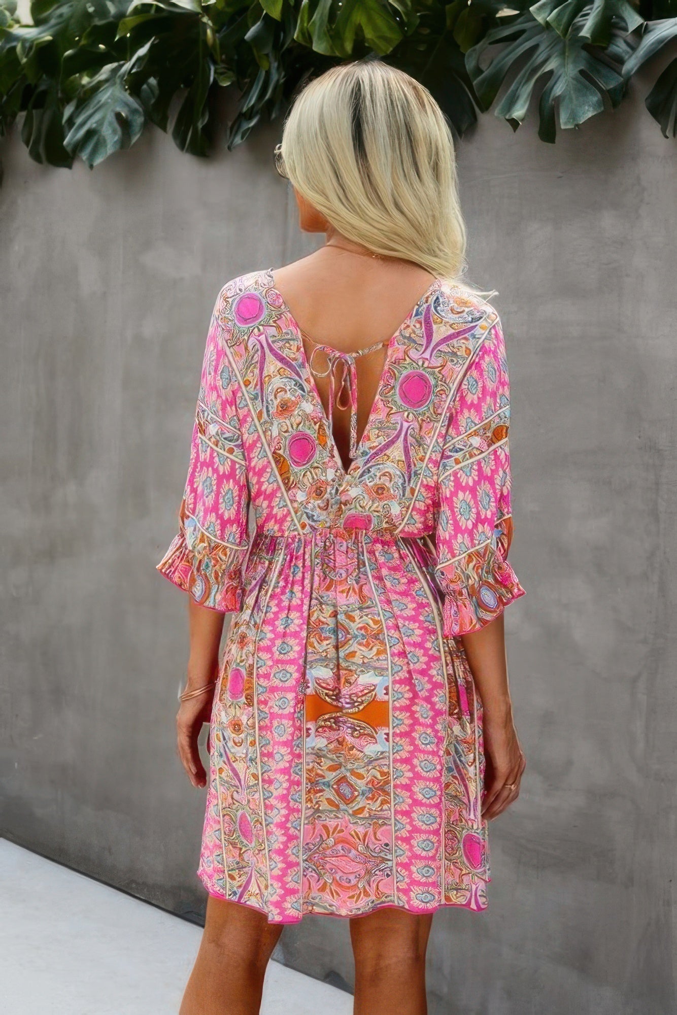 V Neck Half Sleeve Graphic Swing Dress  Shop One Place