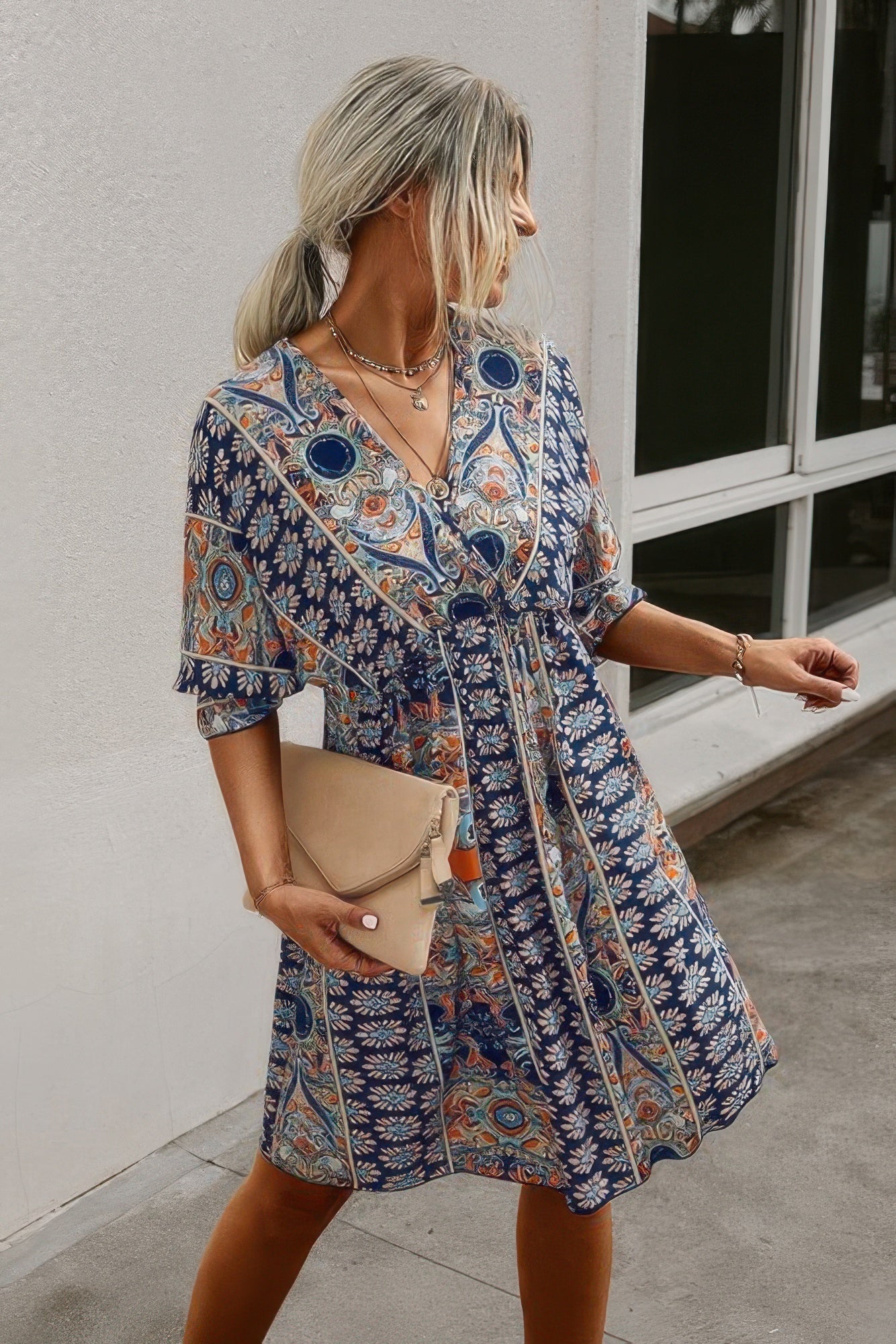 V Neck Half Sleeve Graphic Swing Dress  Shop One Place