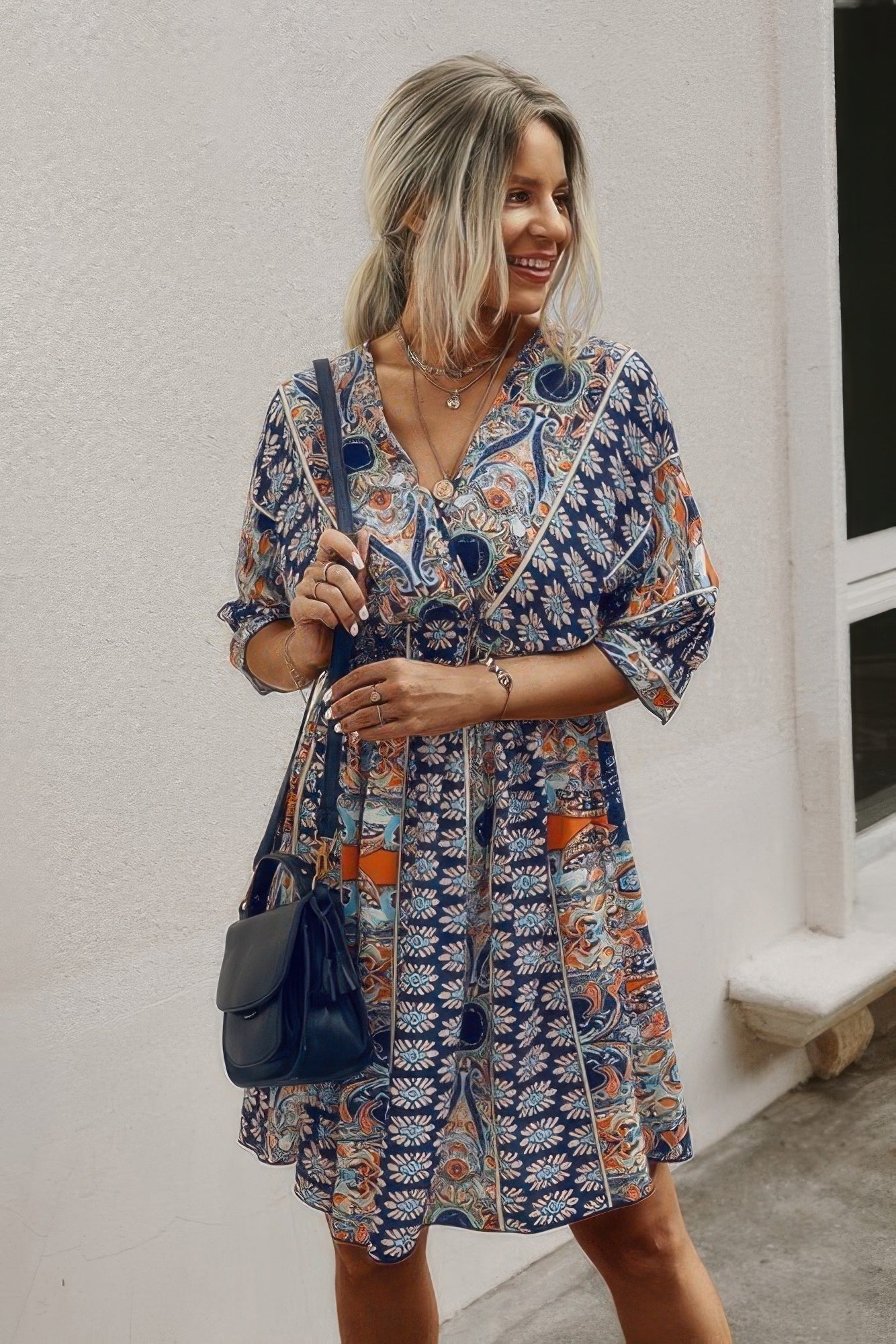 V Neck Half Sleeve Graphic Swing Dress  Shop One Place