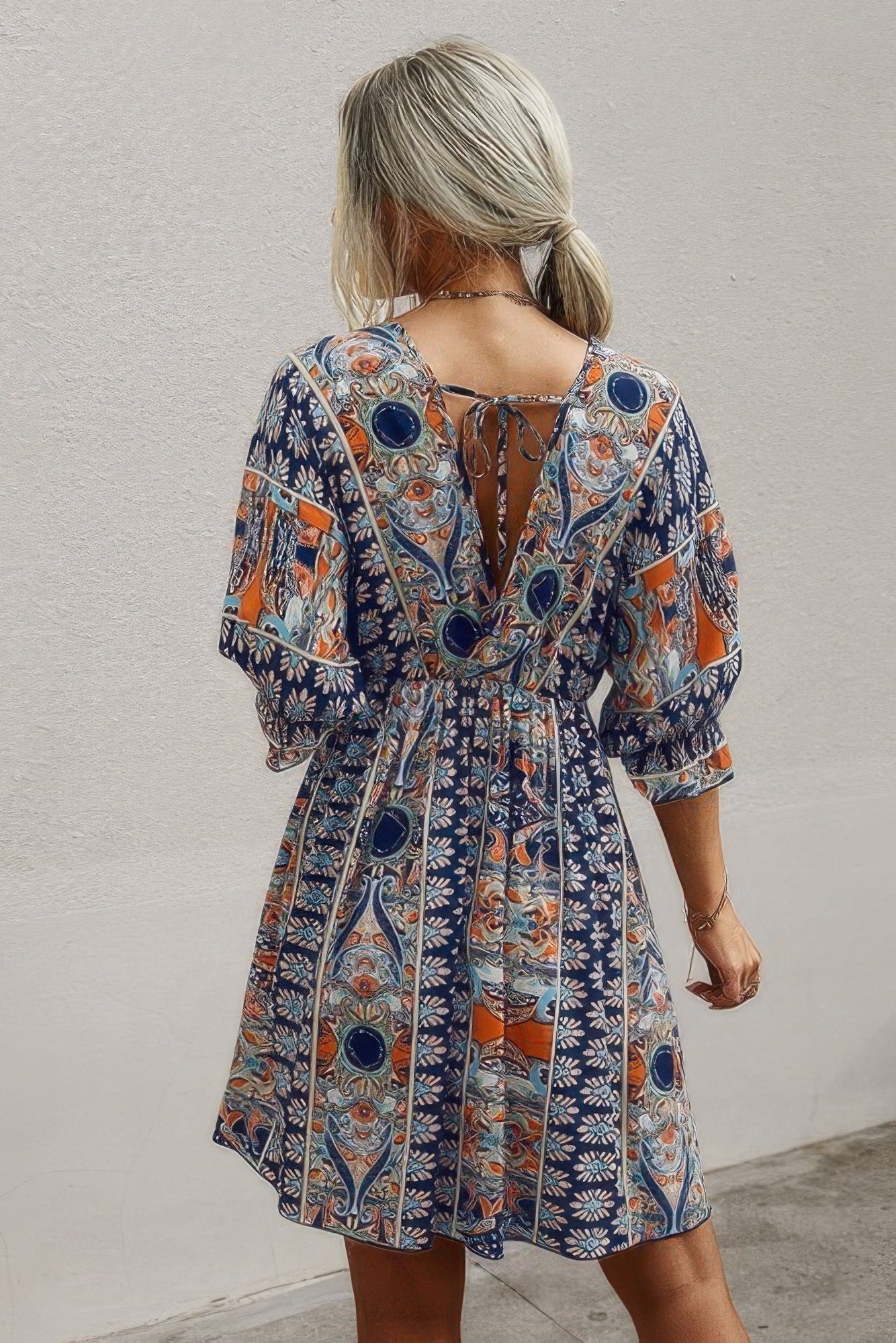 V Neck Half Sleeve Graphic Swing Dress  Shop One Place
