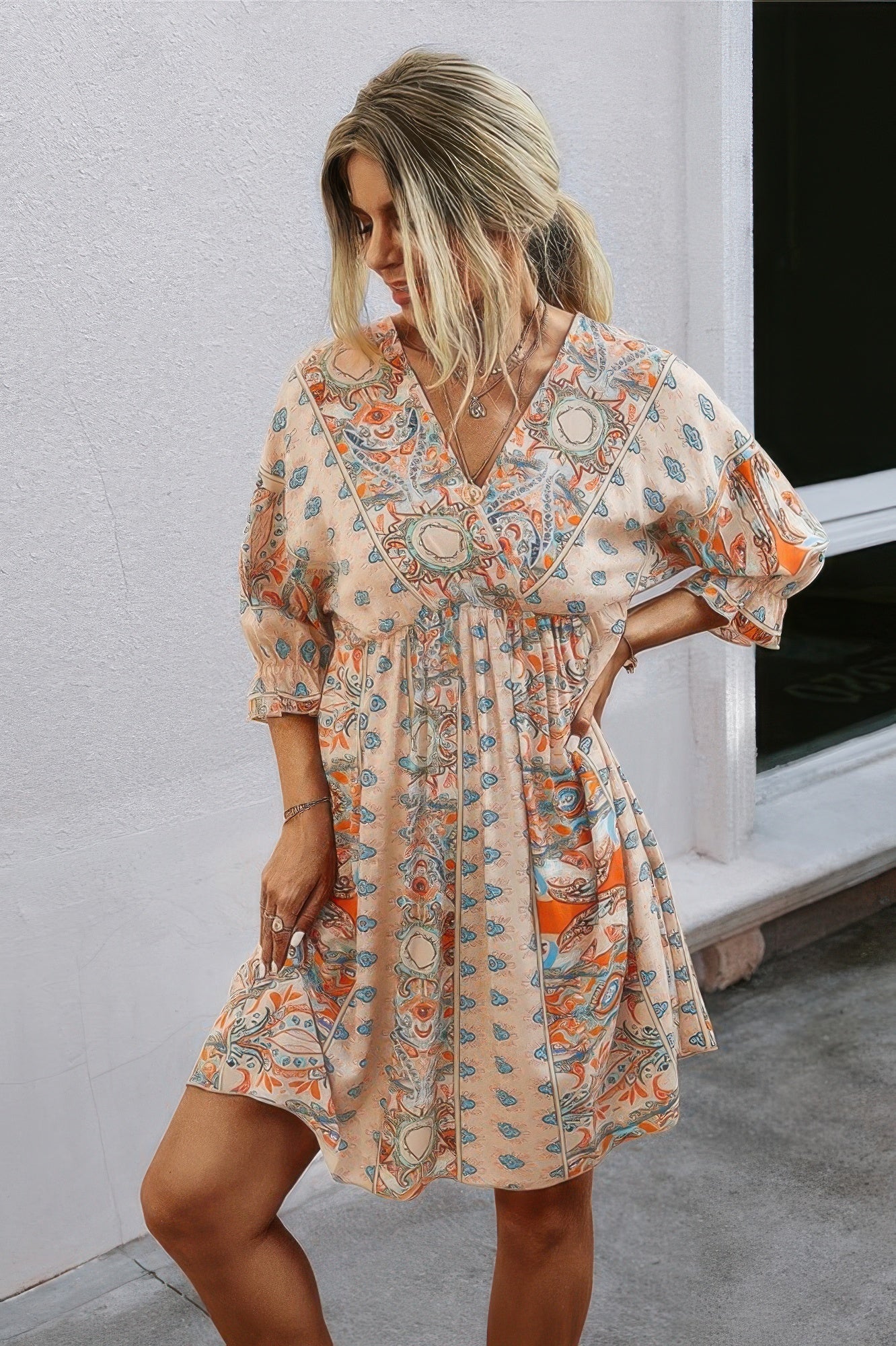 V Neck Half Sleeve Graphic Swing Dress  Shop One Place